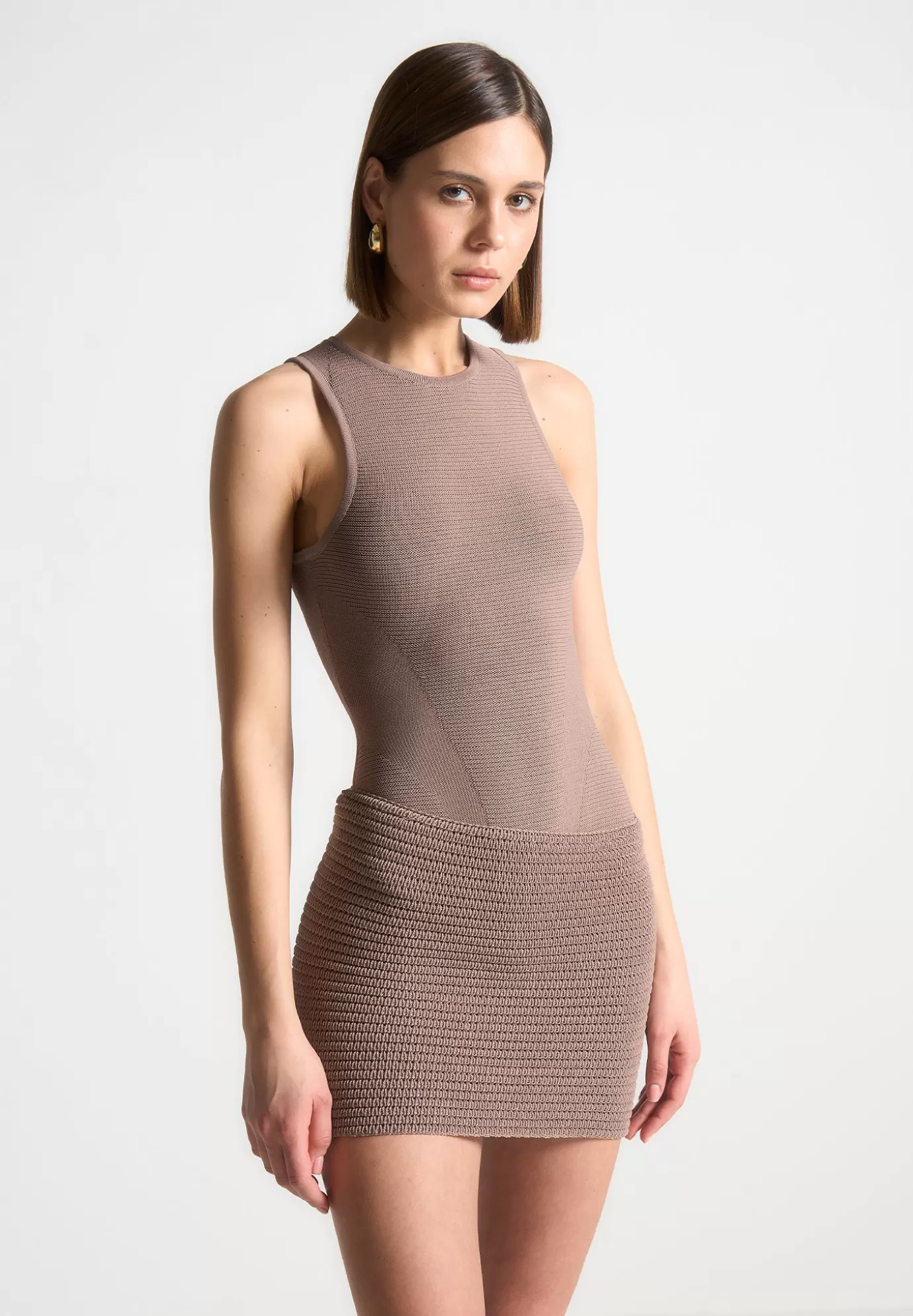 Sale Asymmetric Knit Mini Dress - Taupe/Beige Knitwear