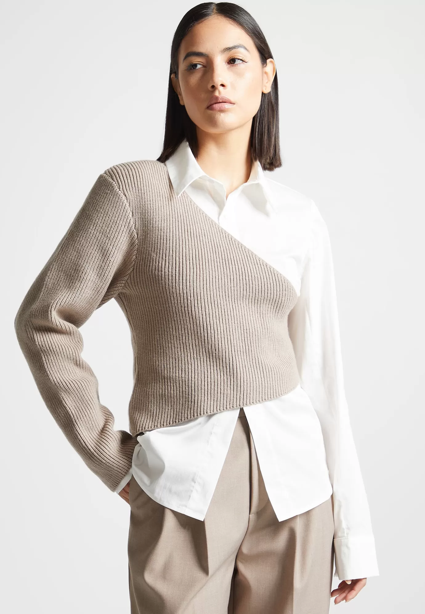 Sale Asymmetric Knitted Overlay Shirt - White/Beige Shirts