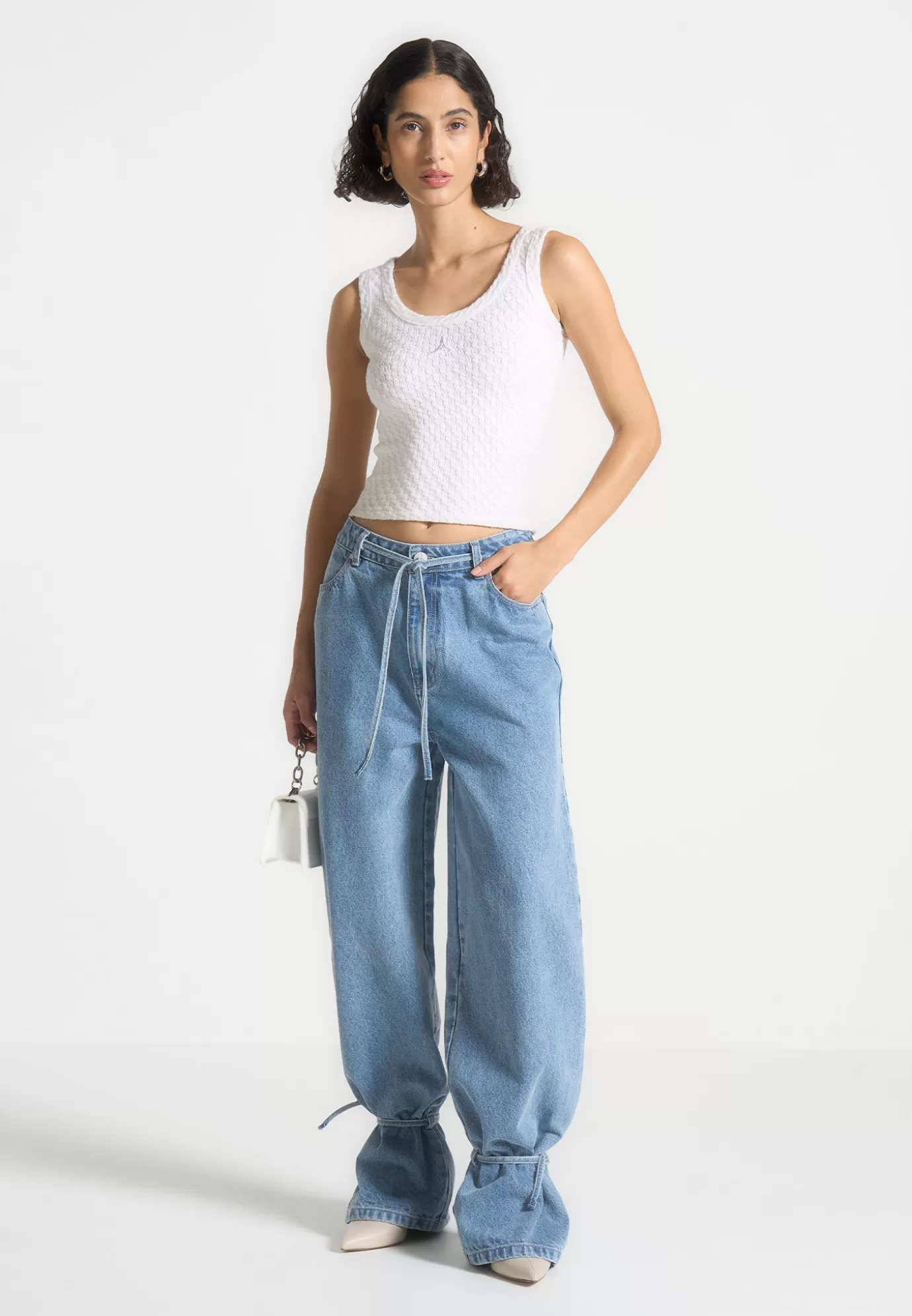 Shop Baggy Mid Rise Jeans with Tie Waist - Mid Jeans