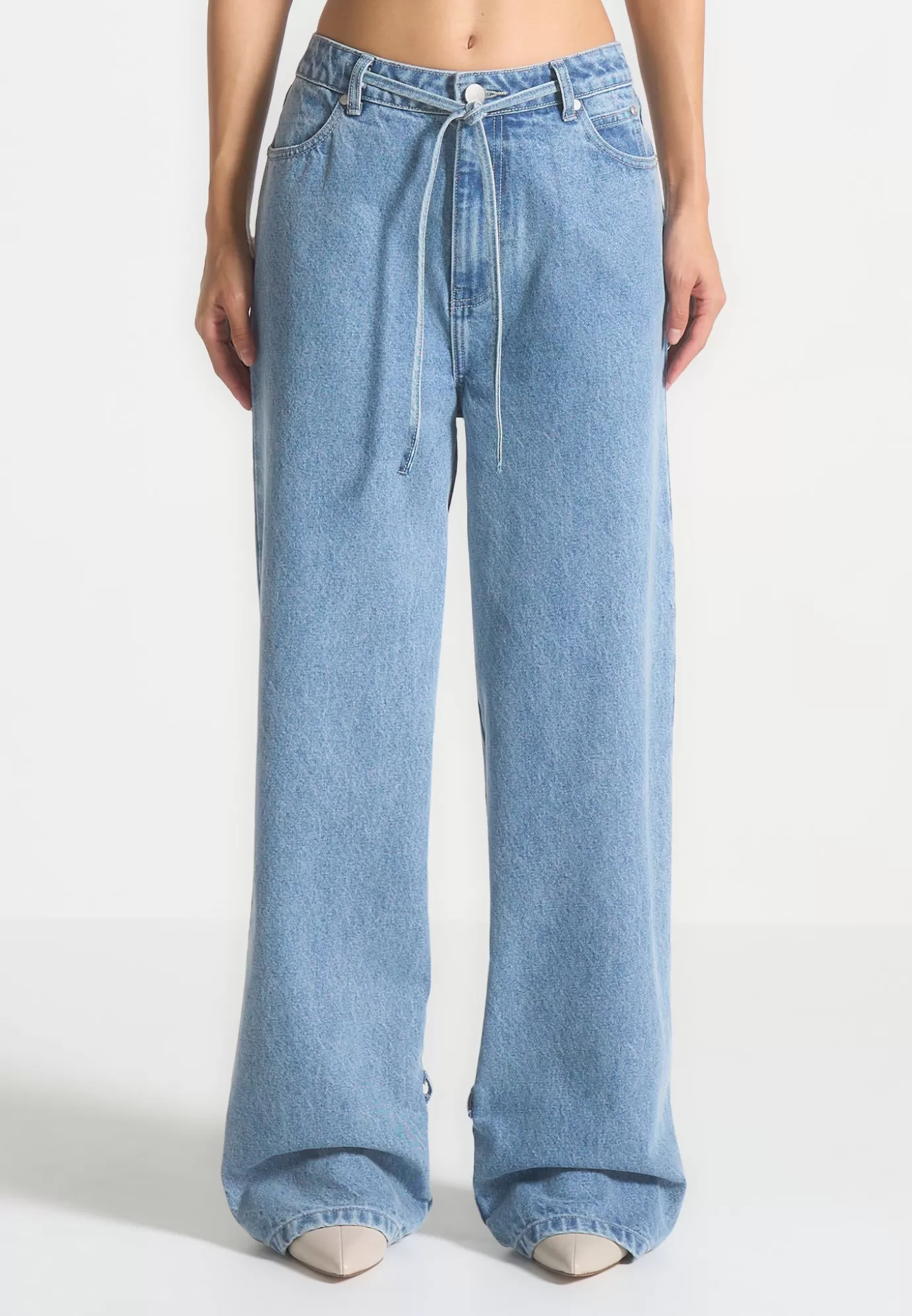 Shop Baggy Mid Rise Jeans with Tie Waist - Mid Jeans