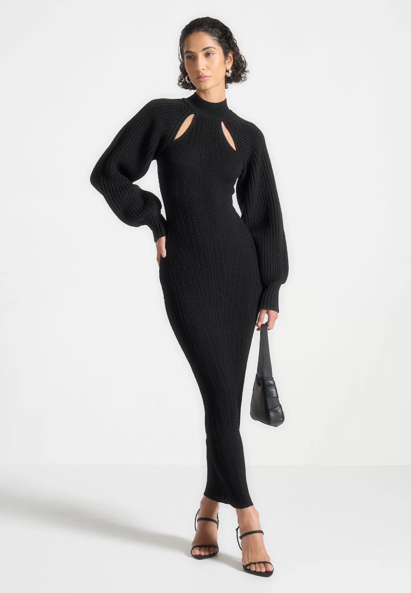 Shop Balloon Sleeve Knitted Contour Maxi Dress - Knitwear