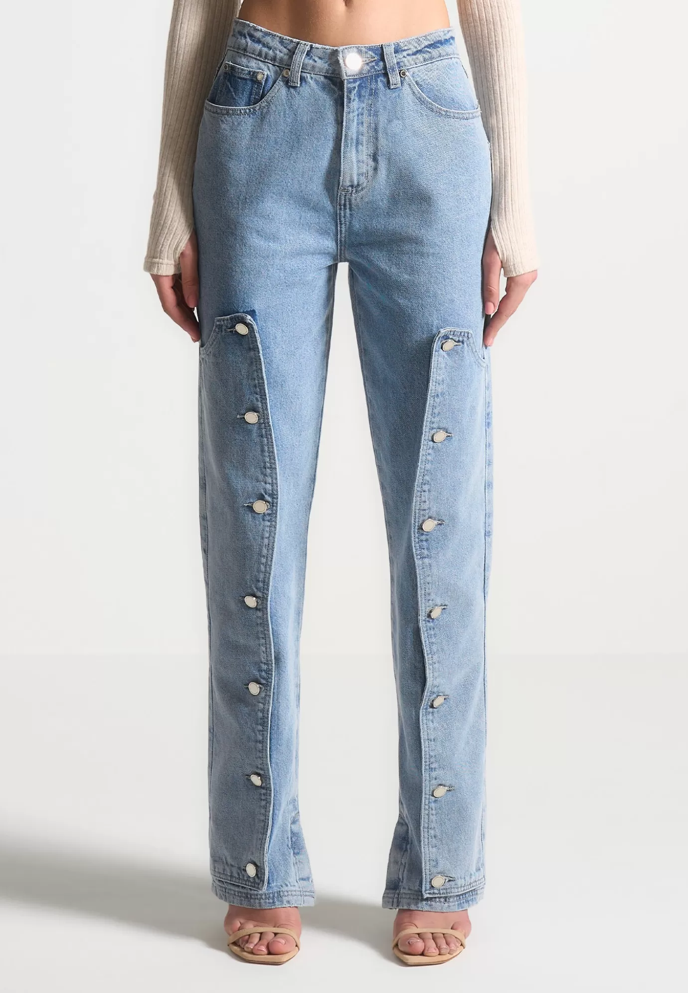 Store Button Down Overlay Mom Jeans - Mid Jeans