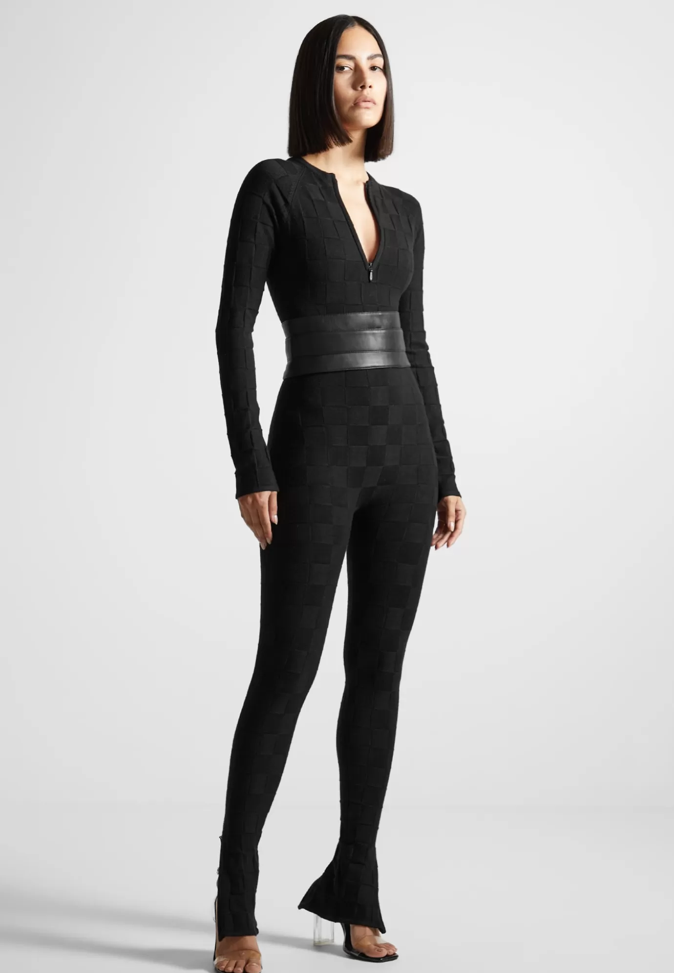 Flash Sale Chequerboard Knit Jumpsuit with Belt - Jumpsuits