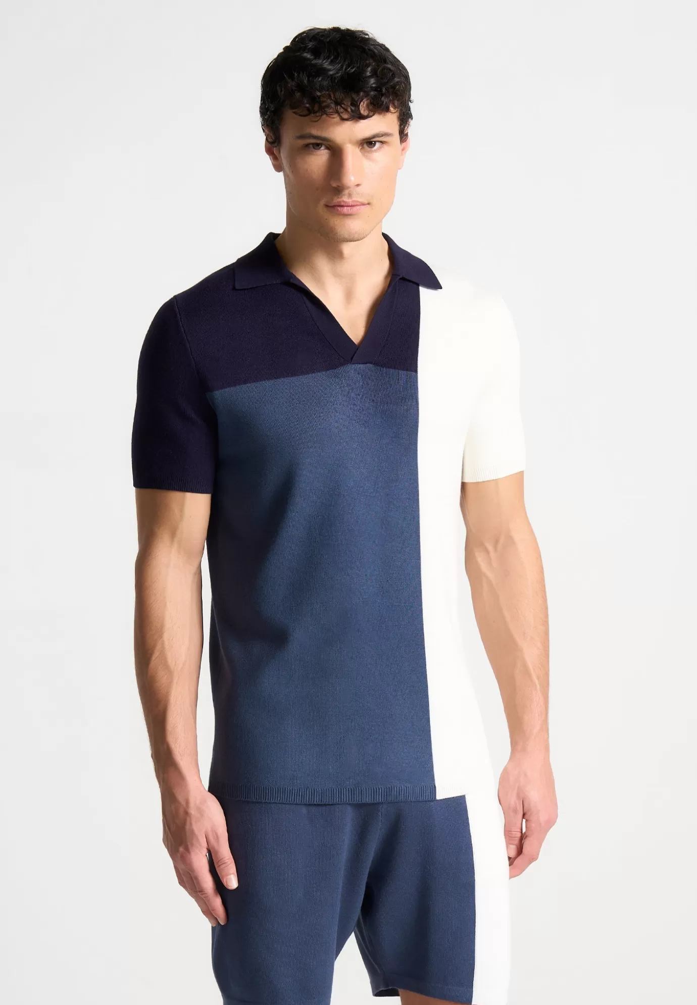 Outlet Colour Block Knit Revere Polo Top - Navy/Steel Polo Tops