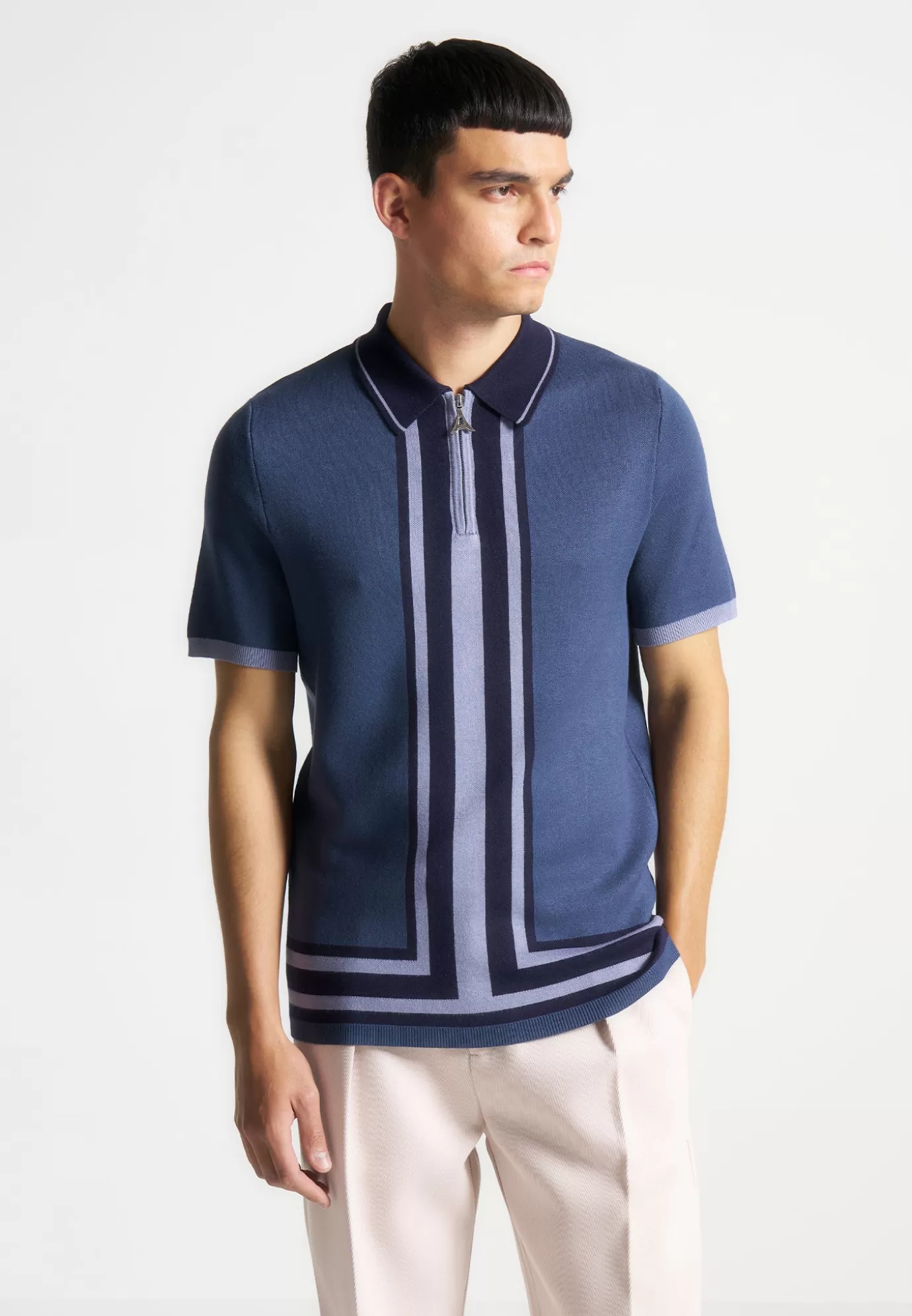 Fashion Contrast Border Knit Zip Polo Shirt - Polo Tops