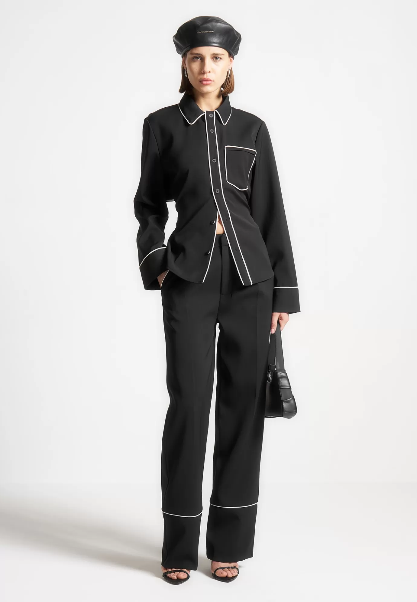 Online Contrast Piped Pleated Trousers - Black/White Matching Sets