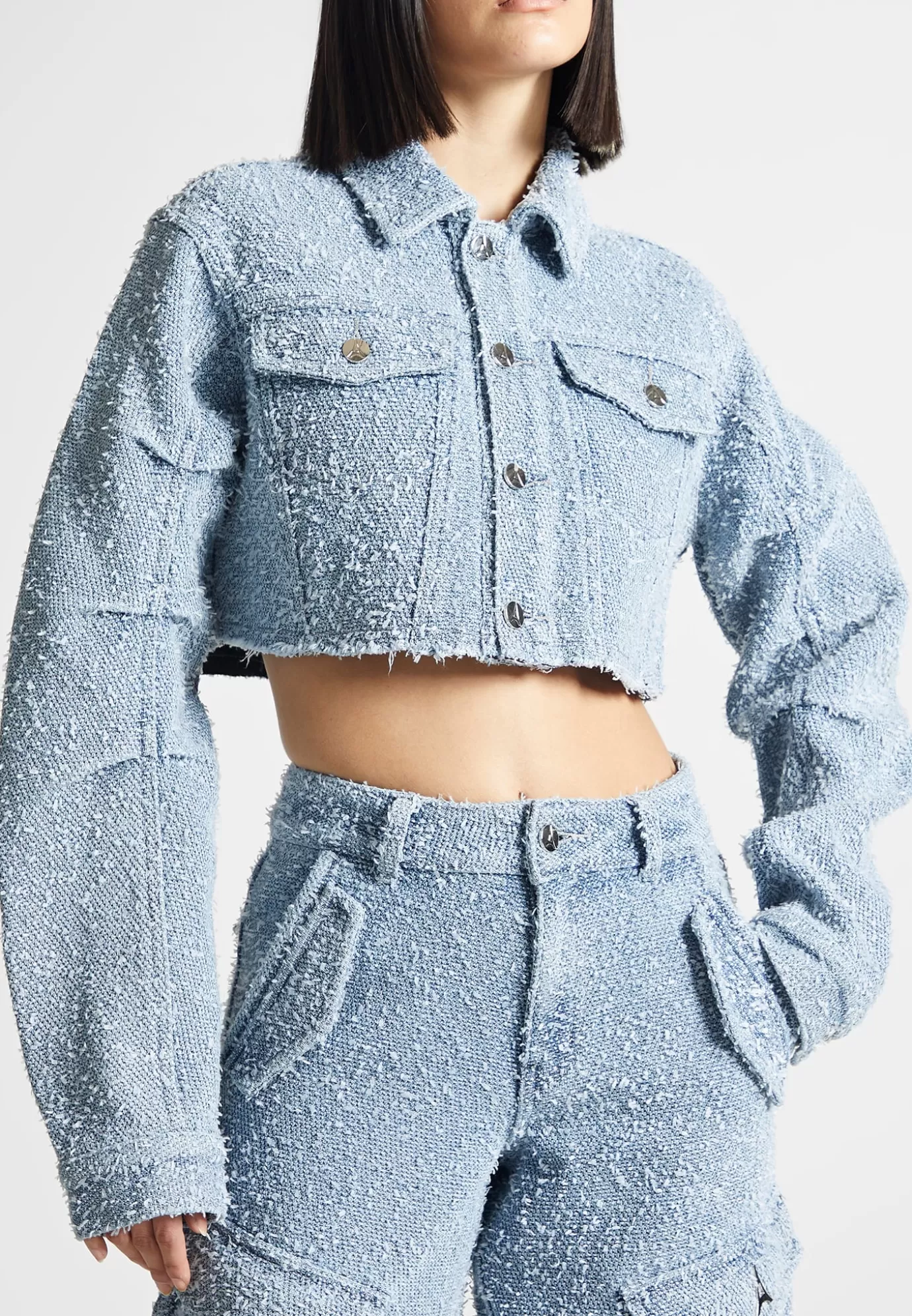 New Cropped Boucle Denim Jacket - Mid Casual Jackets