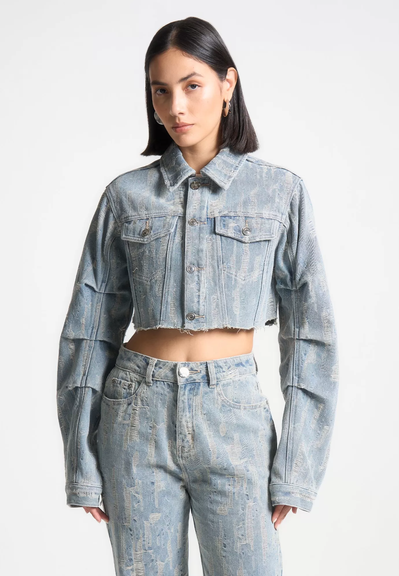 Store Cropped Distressed Denim Jacket - Mid Casual Jackets