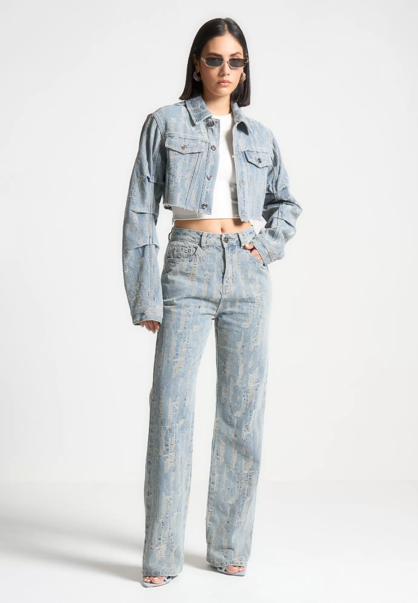 Store Cropped Distressed Denim Jacket - Mid Casual Jackets