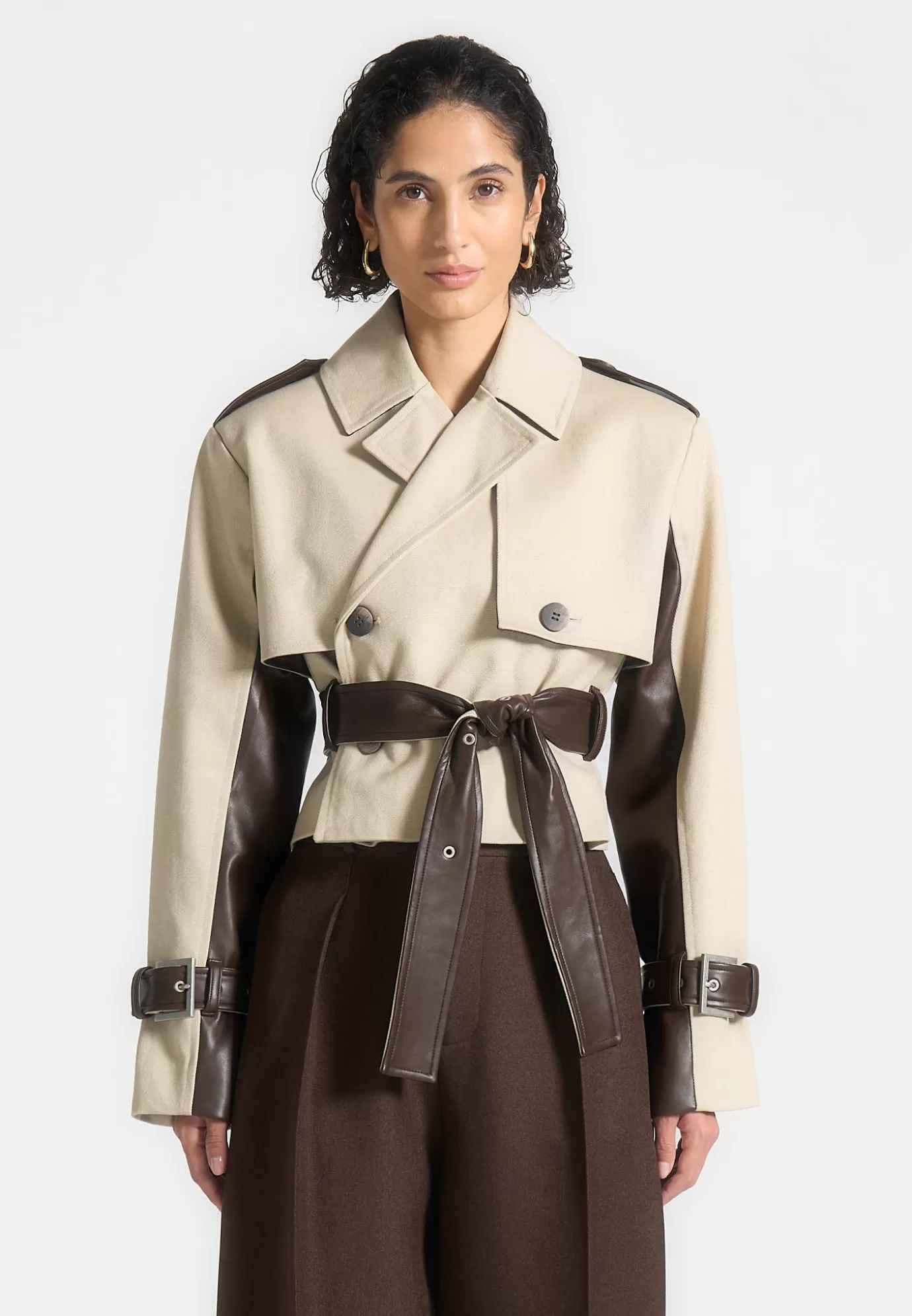 Best Sale Cropped Trench Coat with Belt - Beige/Brown Outerwear