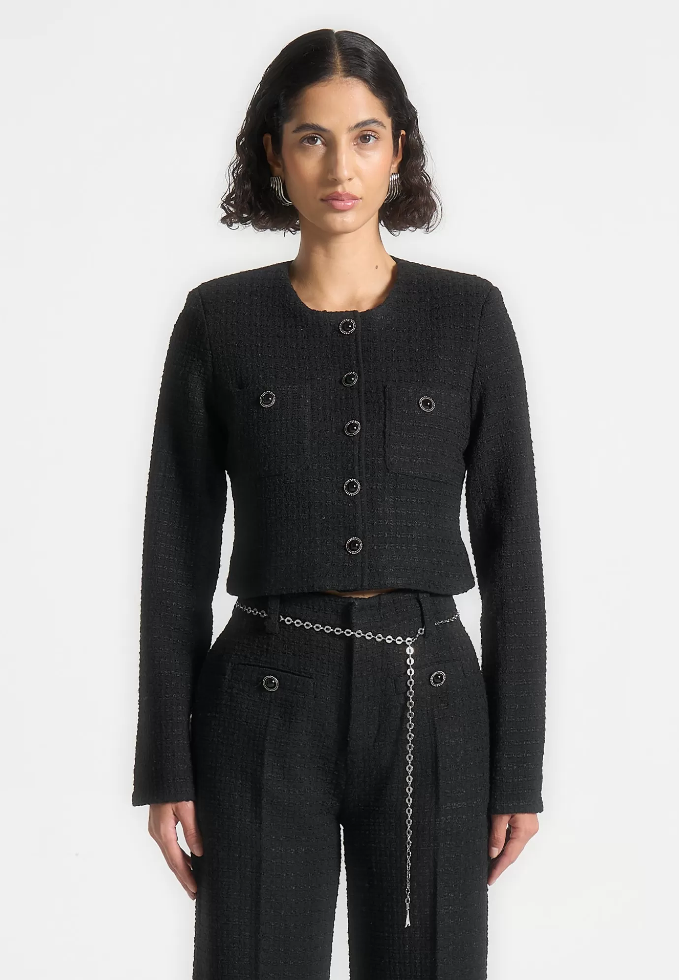 Cheap Cropped Tweed Jacket with Pearls - Matching Sets