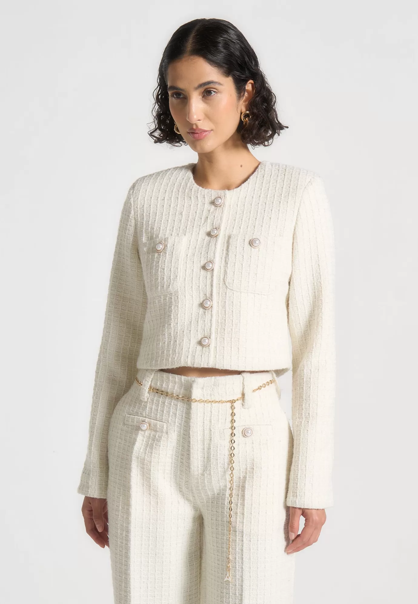 Cheap Cropped Tweed Jacket with Pearls - Matching Sets