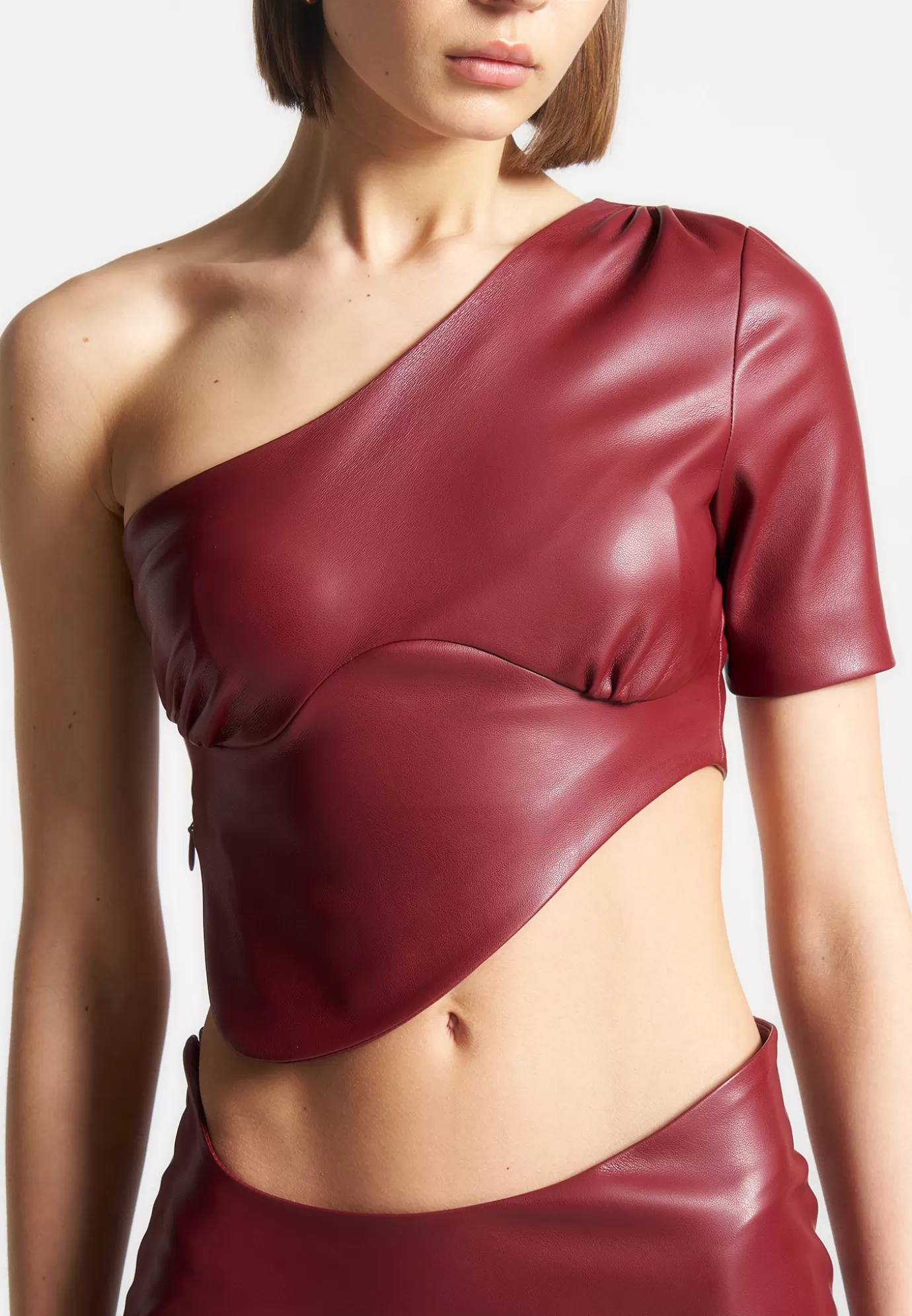 Outlet Curved Hem Leather Crop Top - Wine Matching Sets