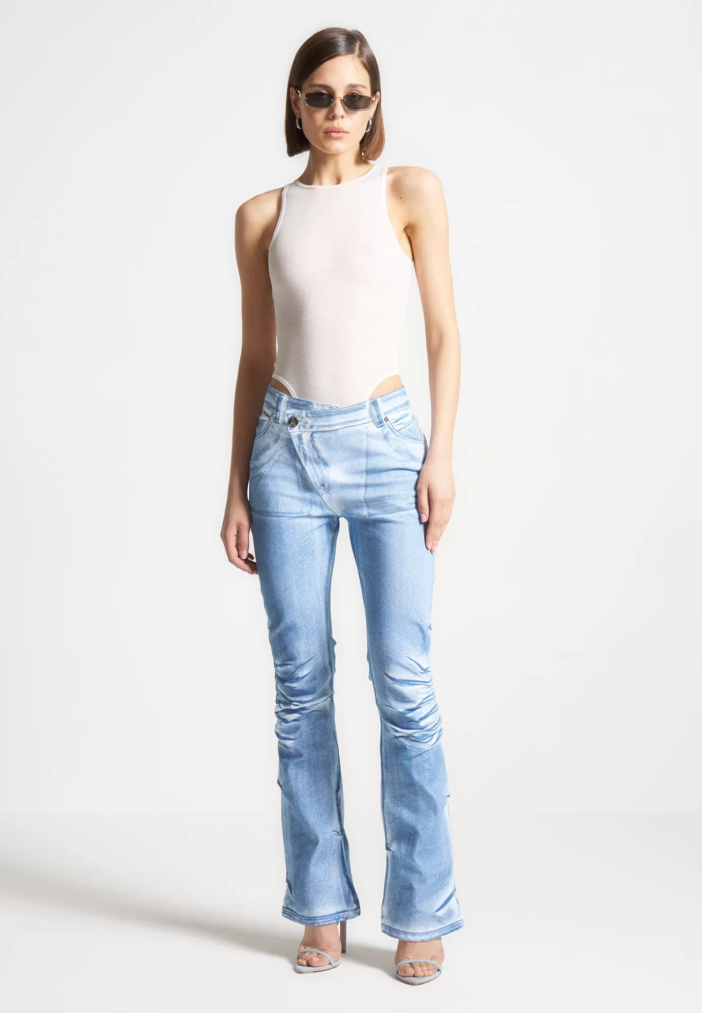 Hot Denim Effect Tacked Fit and Flare Jeans - White/Blue Jeans