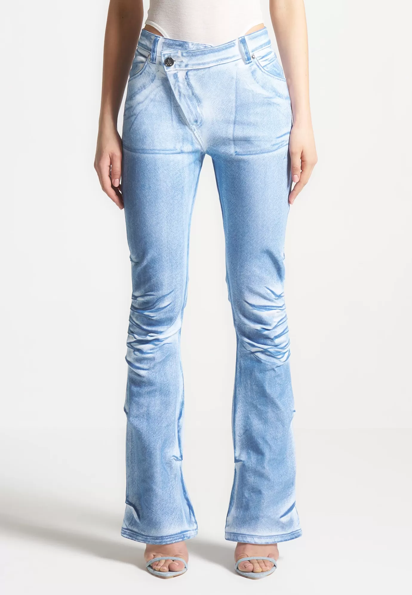 Hot Denim Effect Tacked Fit and Flare Jeans - White/Blue Jeans