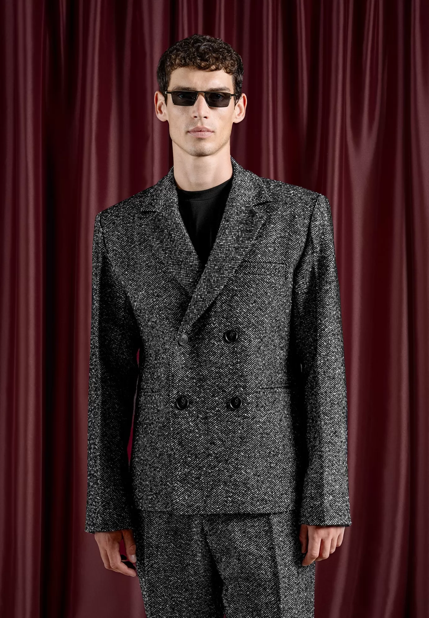 New Double Breasted Herringbone Wool Blend Suit Jacket - Suits