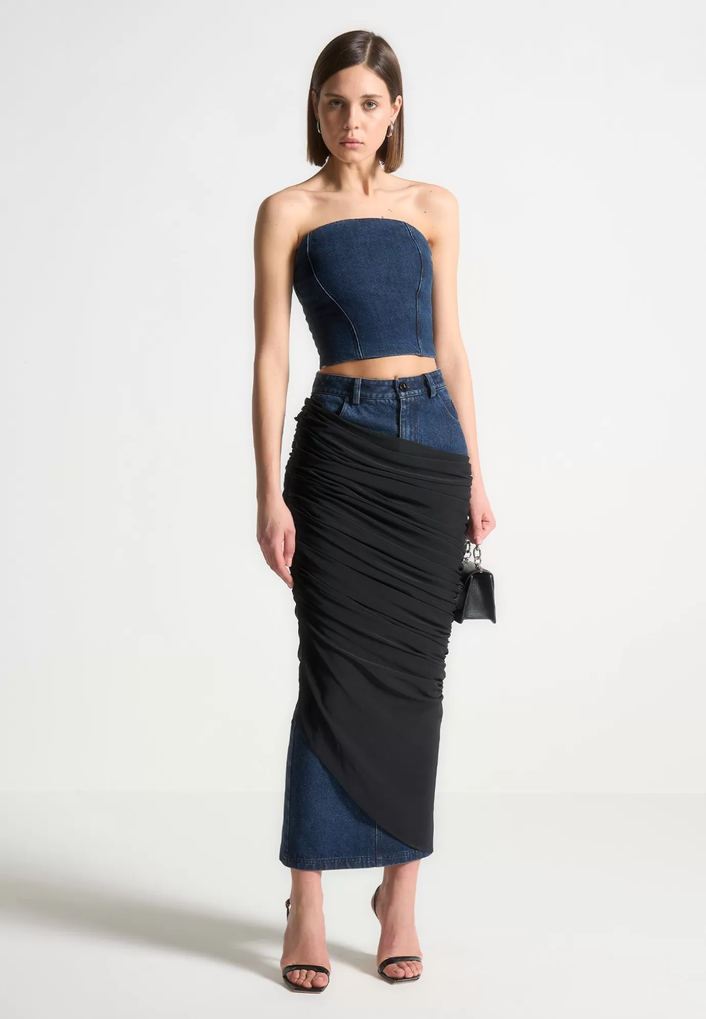 Cheap Draped Mesh Denim Maxi Skirt - Skirts