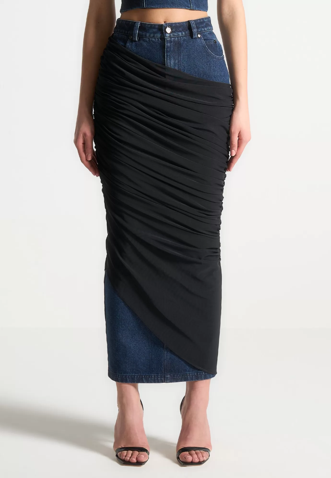 Cheap Draped Mesh Denim Maxi Skirt - Skirts