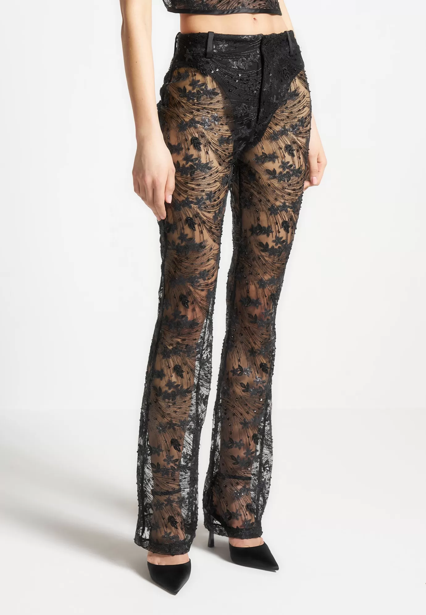 Cheap Embellished Lace Fit and Flare Trousers - Matching Sets