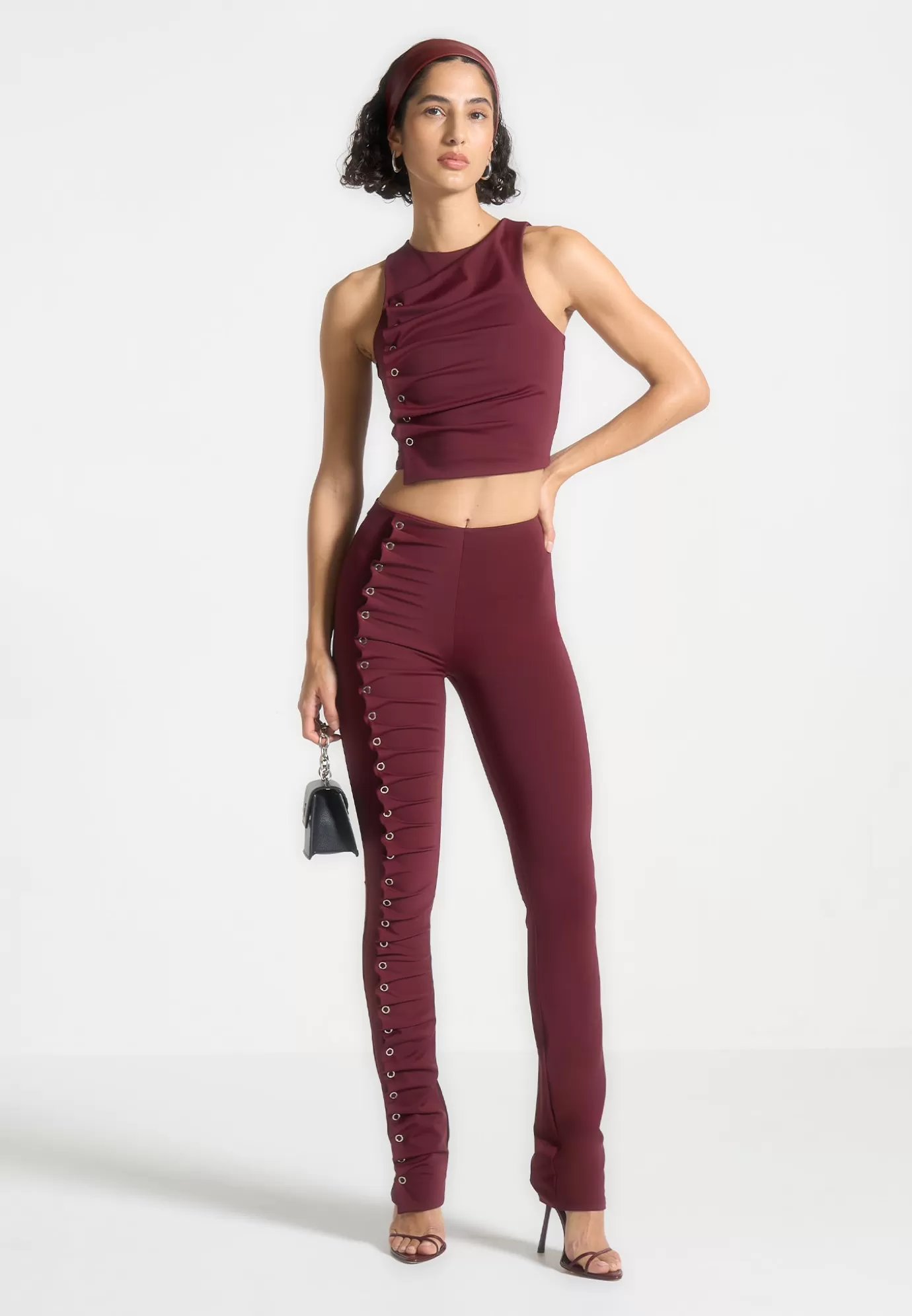 Shop Eyelet Detail Tacked Leggings - Wine Matching Sets