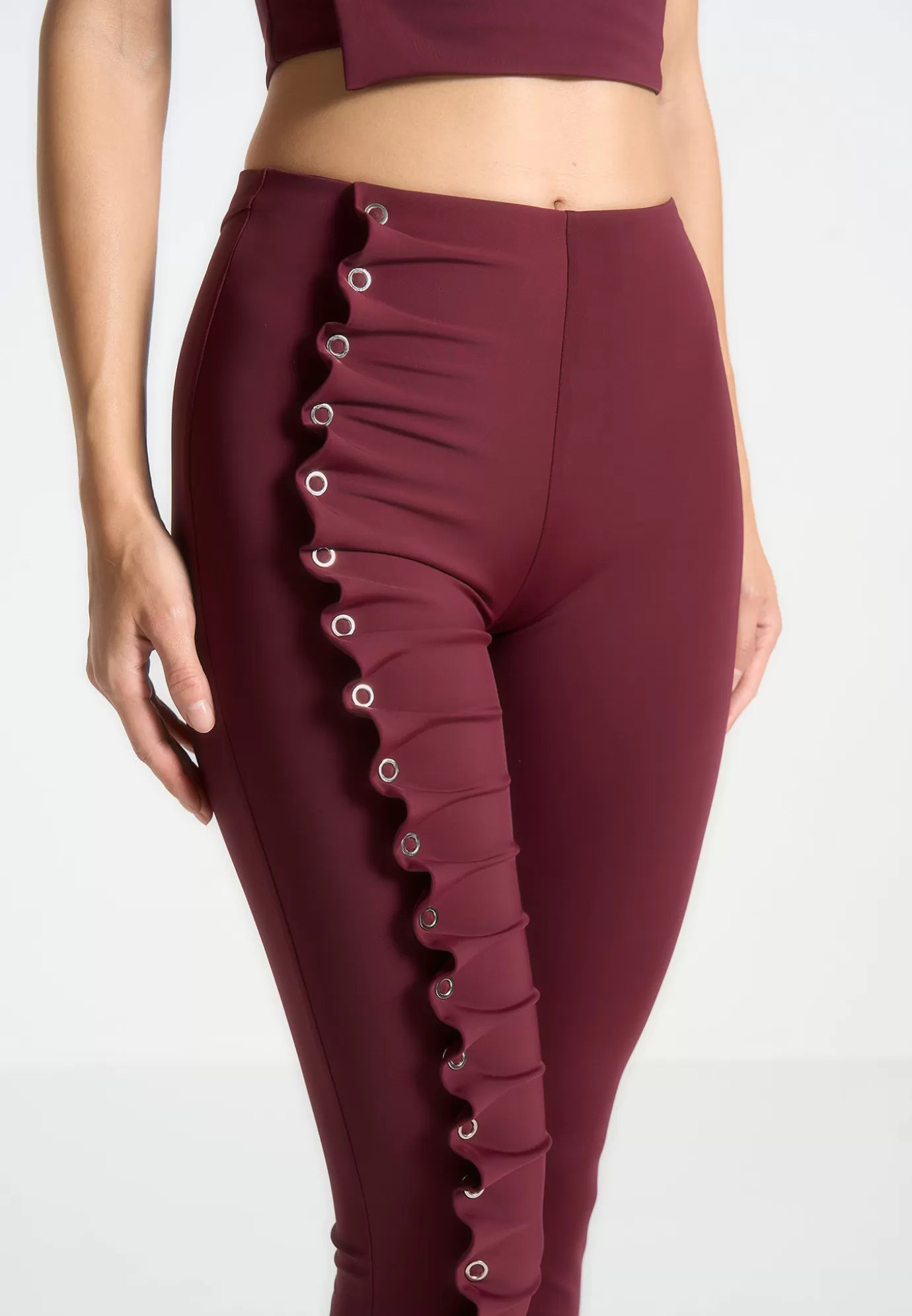 Shop Eyelet Detail Tacked Leggings - Wine Matching Sets