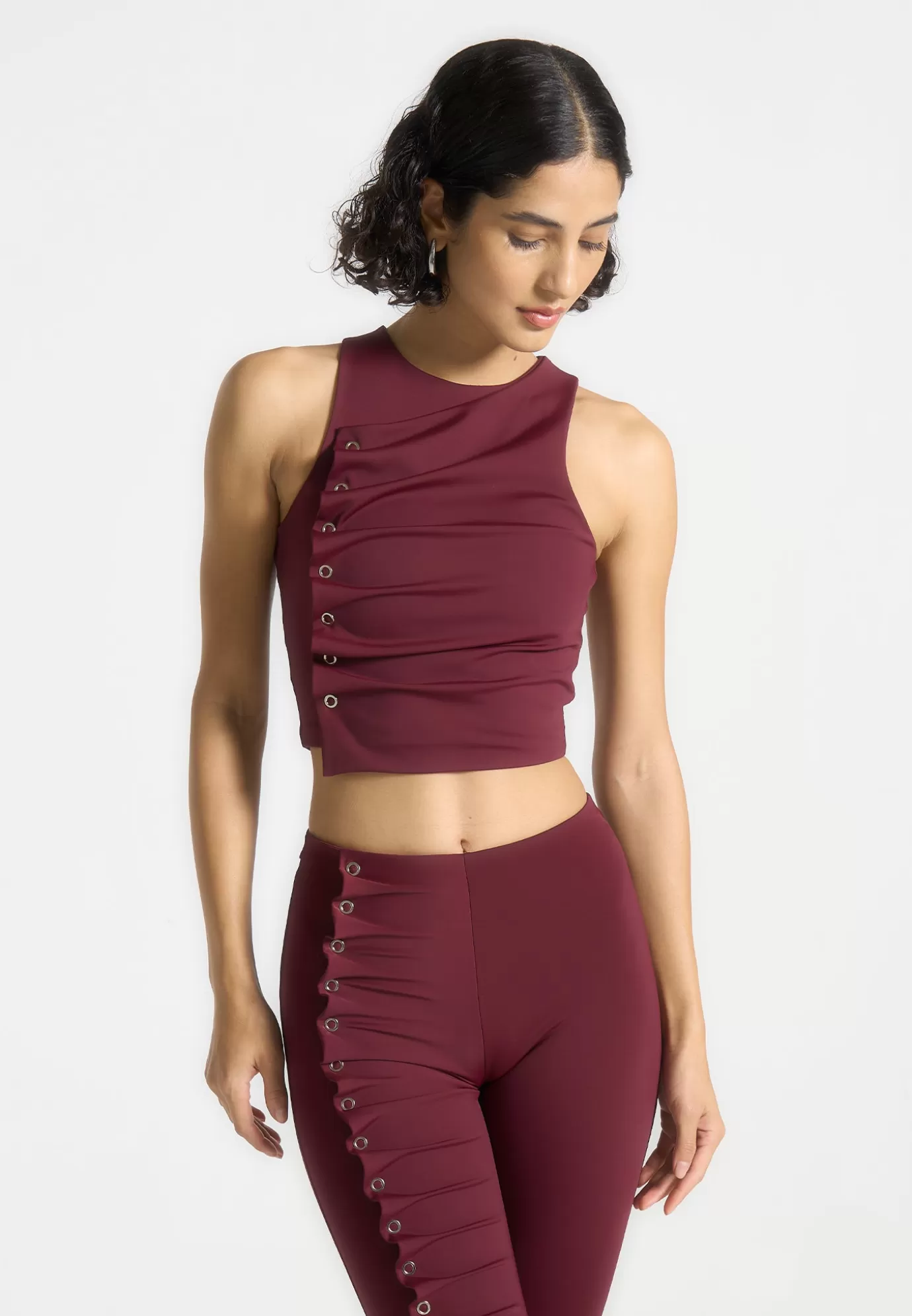 Best Eyelet Detail Tacked Racer Top  - Wine Matching Sets