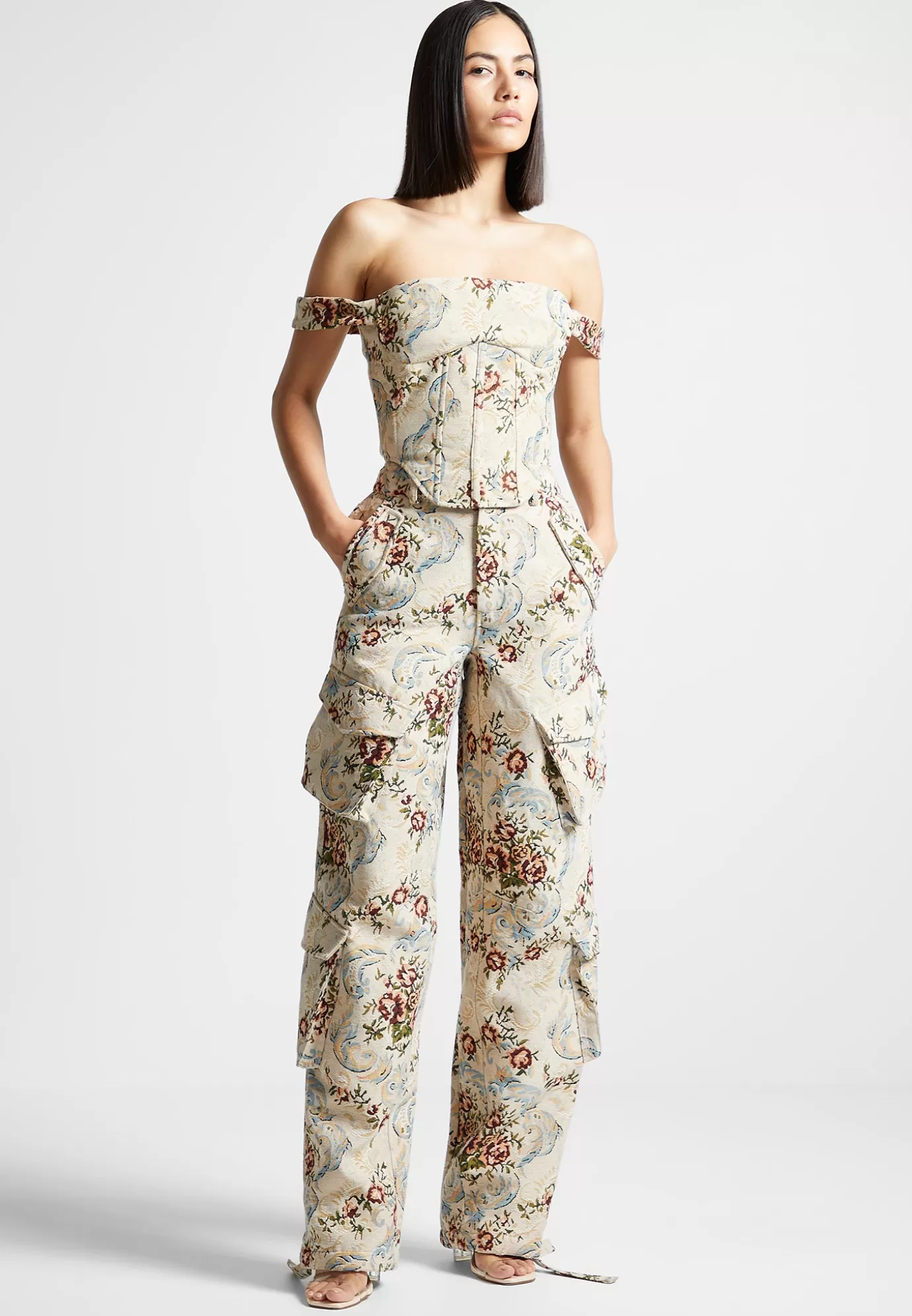 Fashion Floral Jacquard High Waisted Cargo Pants - Matching Sets