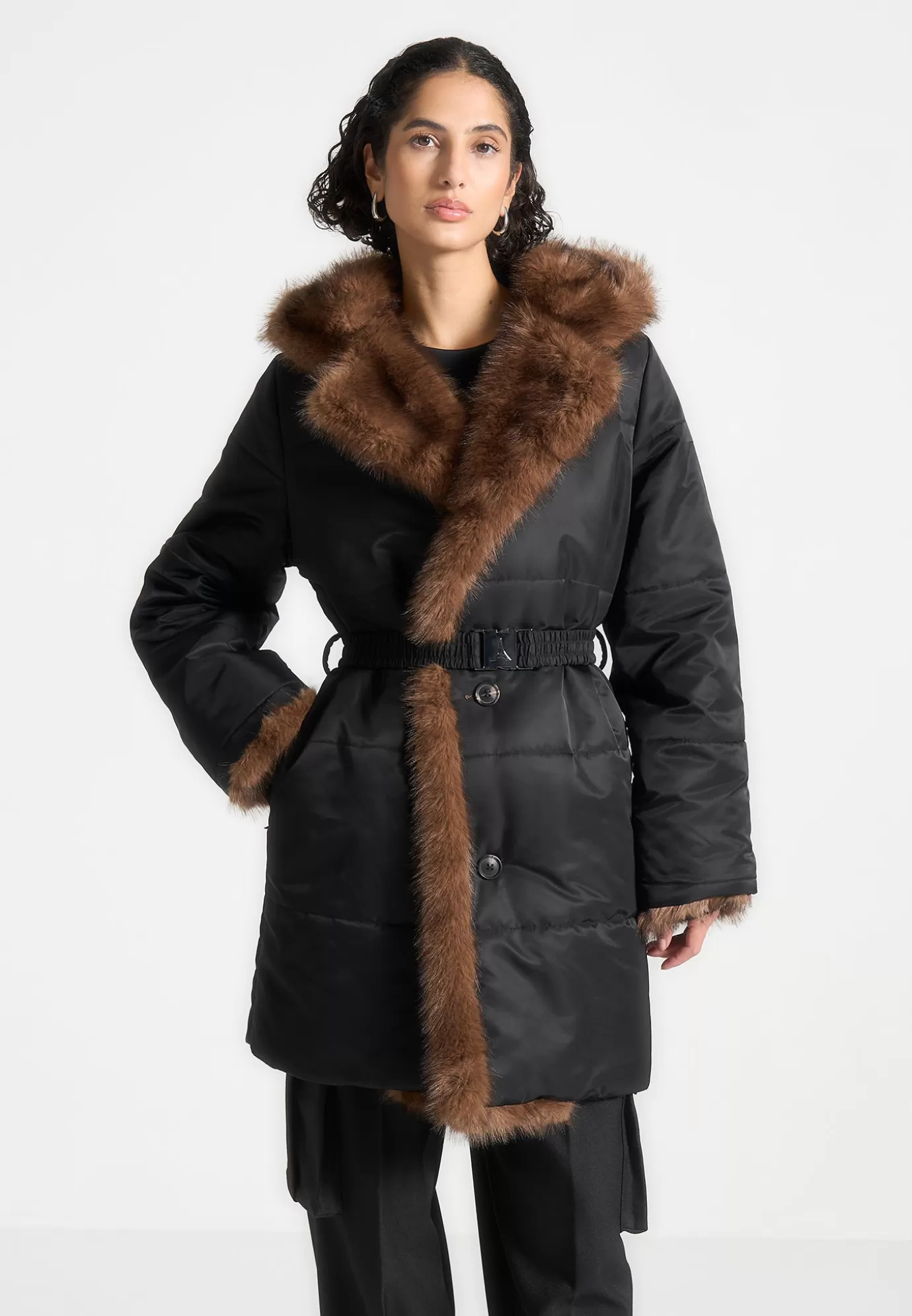 Store Fur Longline Belted Coat - Outerwear