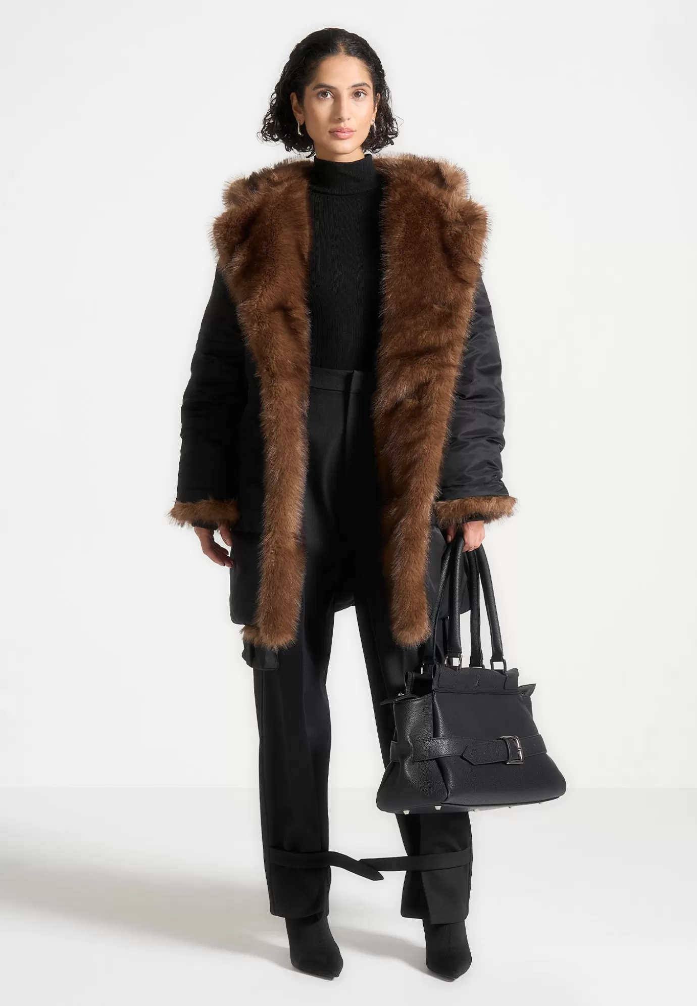 Store Fur Longline Belted Coat - Outerwear