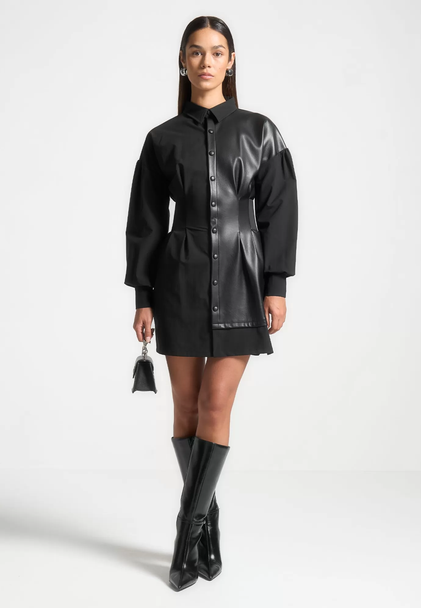 Sale Half Leather Shirt Dress - Dresses