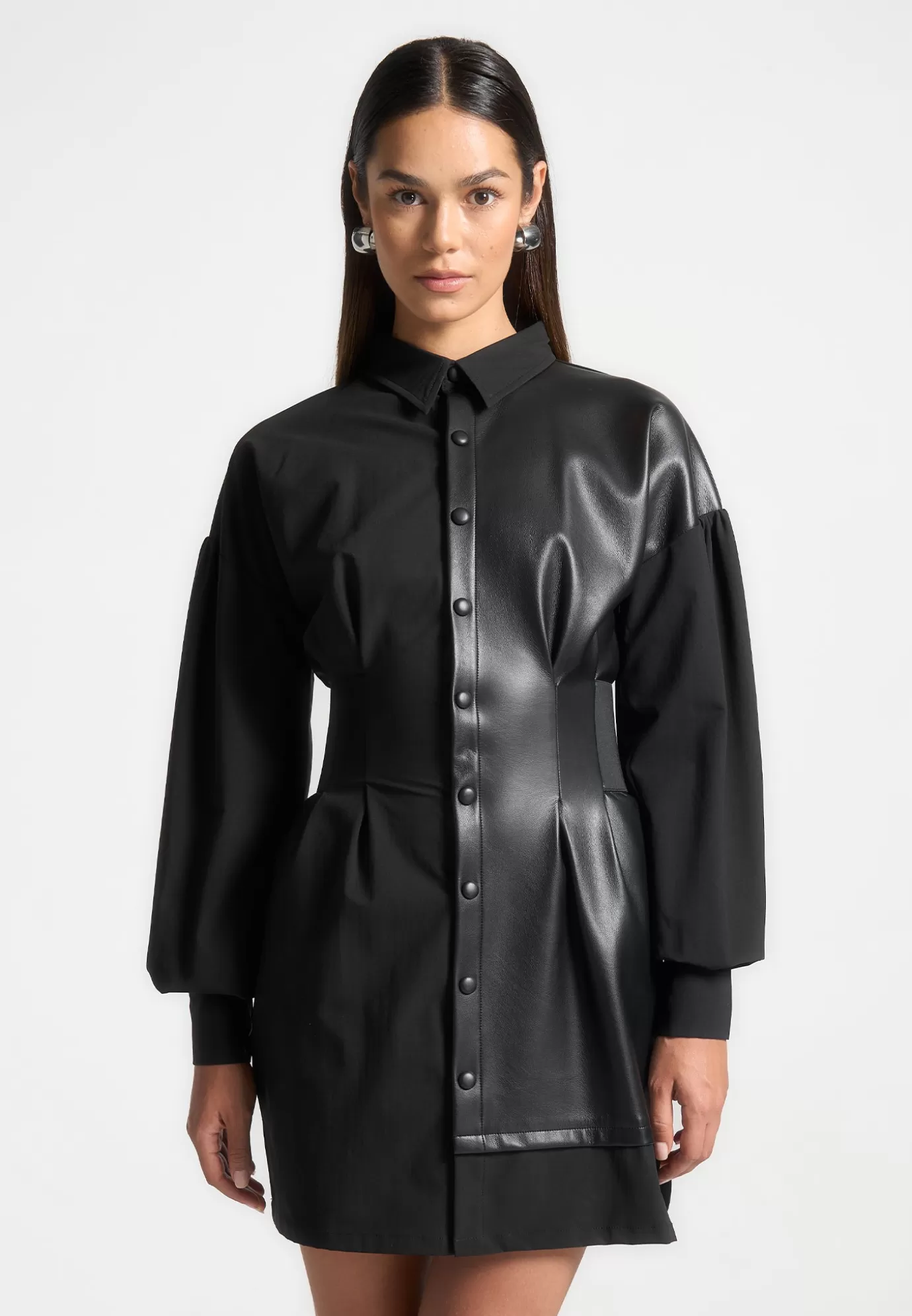 Sale Half Leather Shirt Dress - Dresses