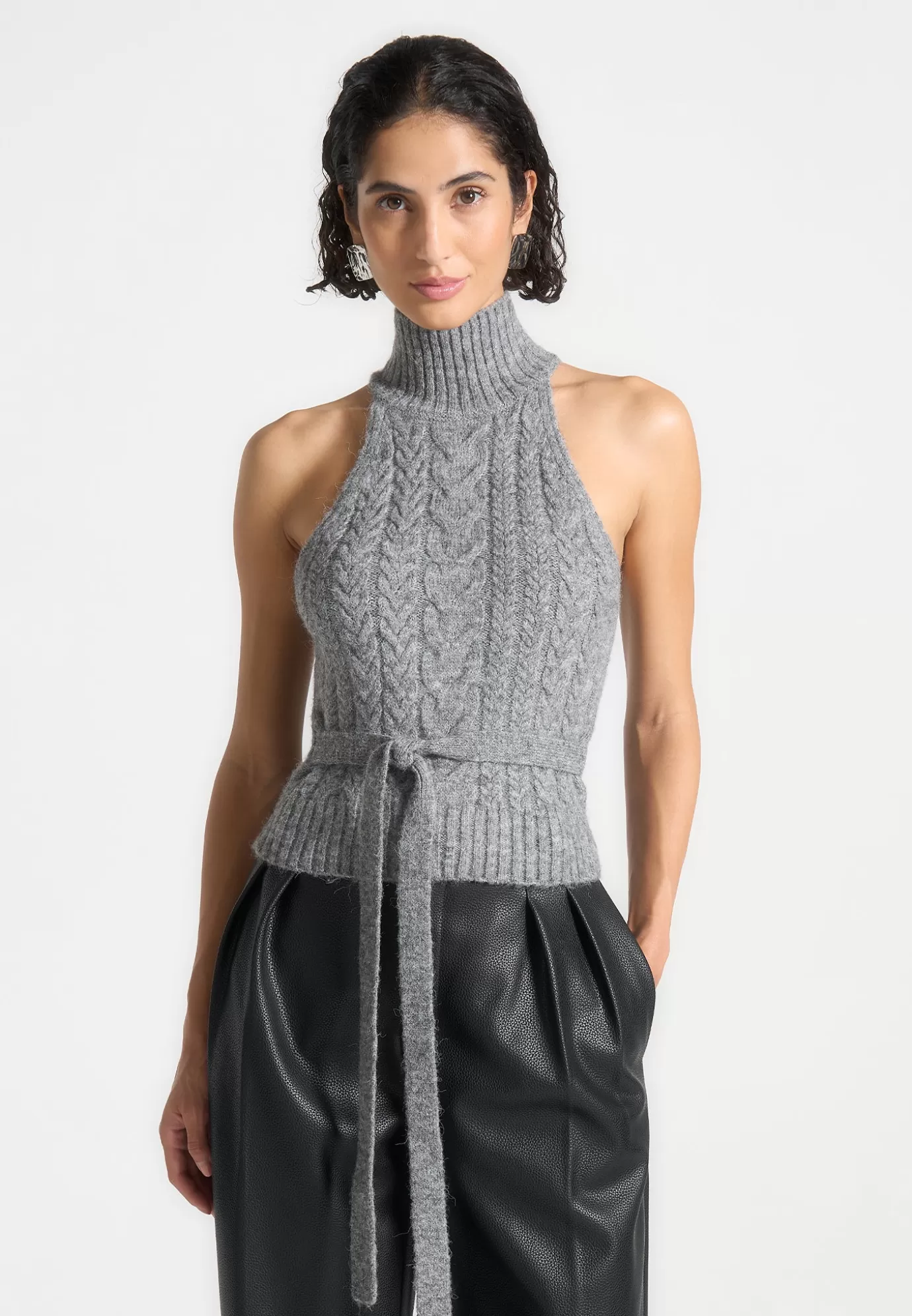 Clearance Halter Cable Knit Wool Top with Tie - Knitwear