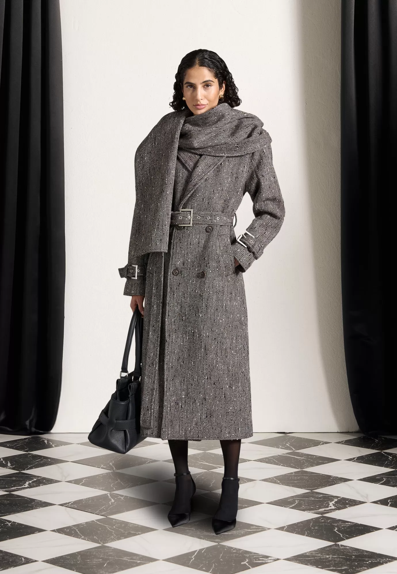 Outlet Herringbone Wool Trench Coat with Scarf - Outerwear