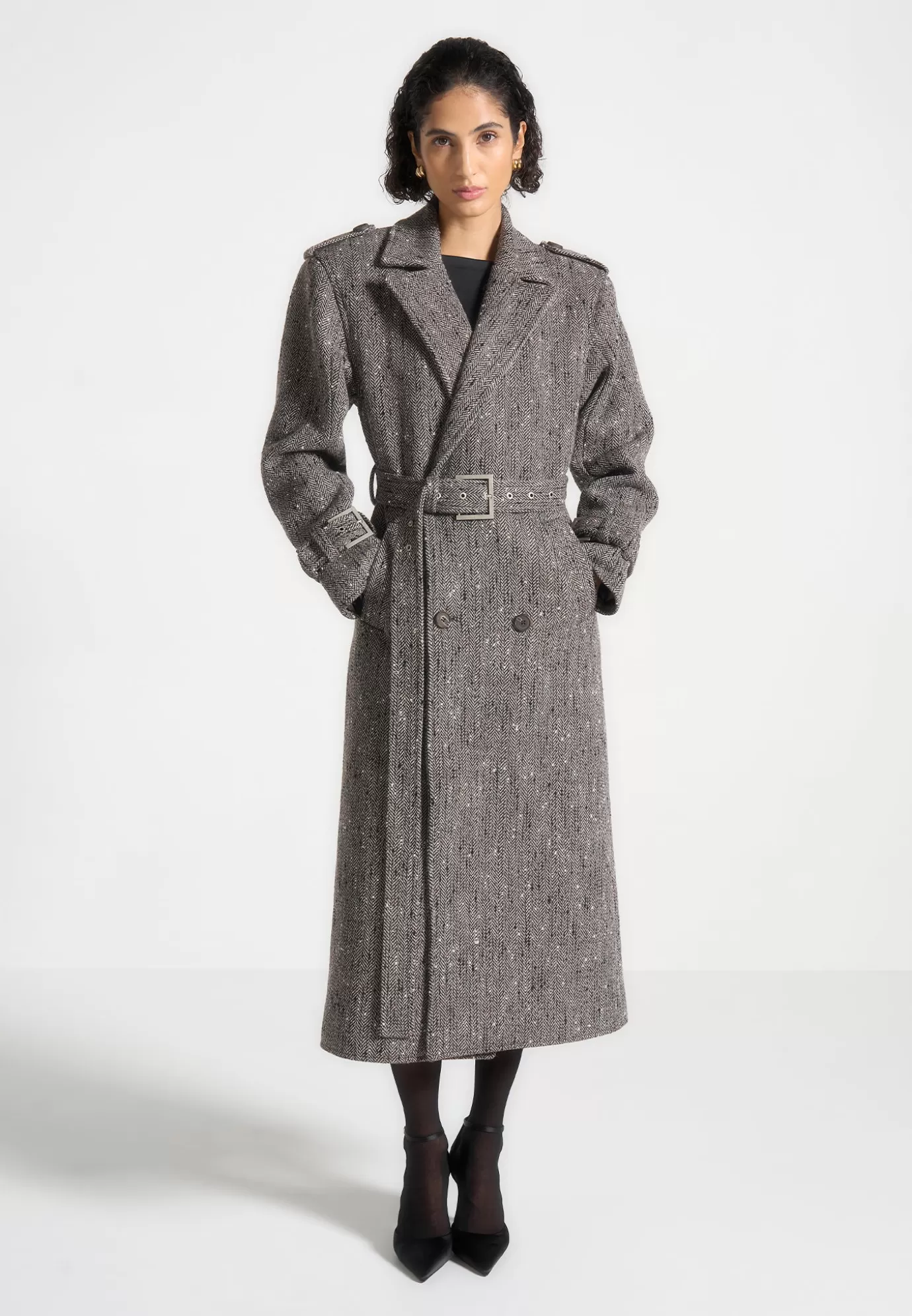 Outlet Herringbone Wool Trench Coat with Scarf - Outerwear