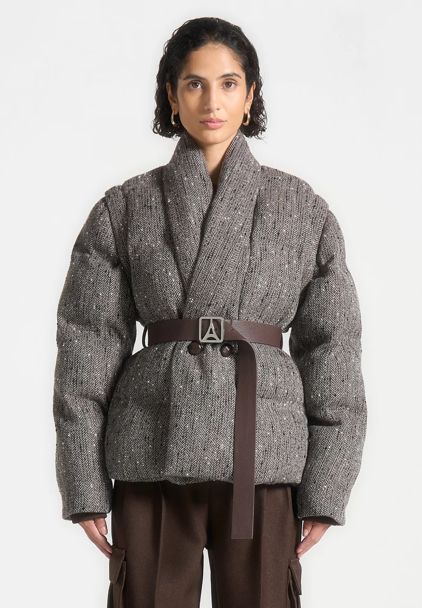 Cheap Herringbone Wrap Belted Puffer Jacket - Outerwear