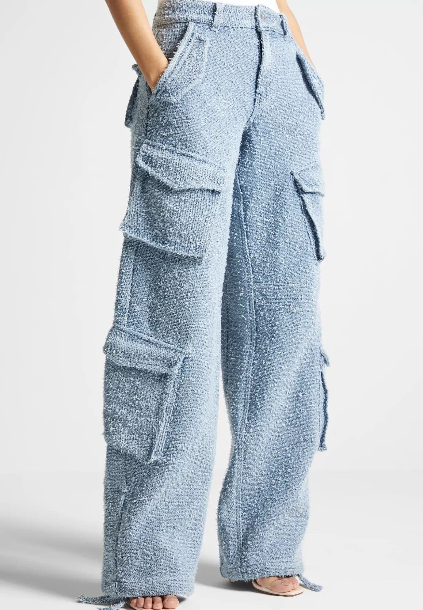 Hot High Waisted Boucle Denim Cargo Pants - Mid Casual Trousers