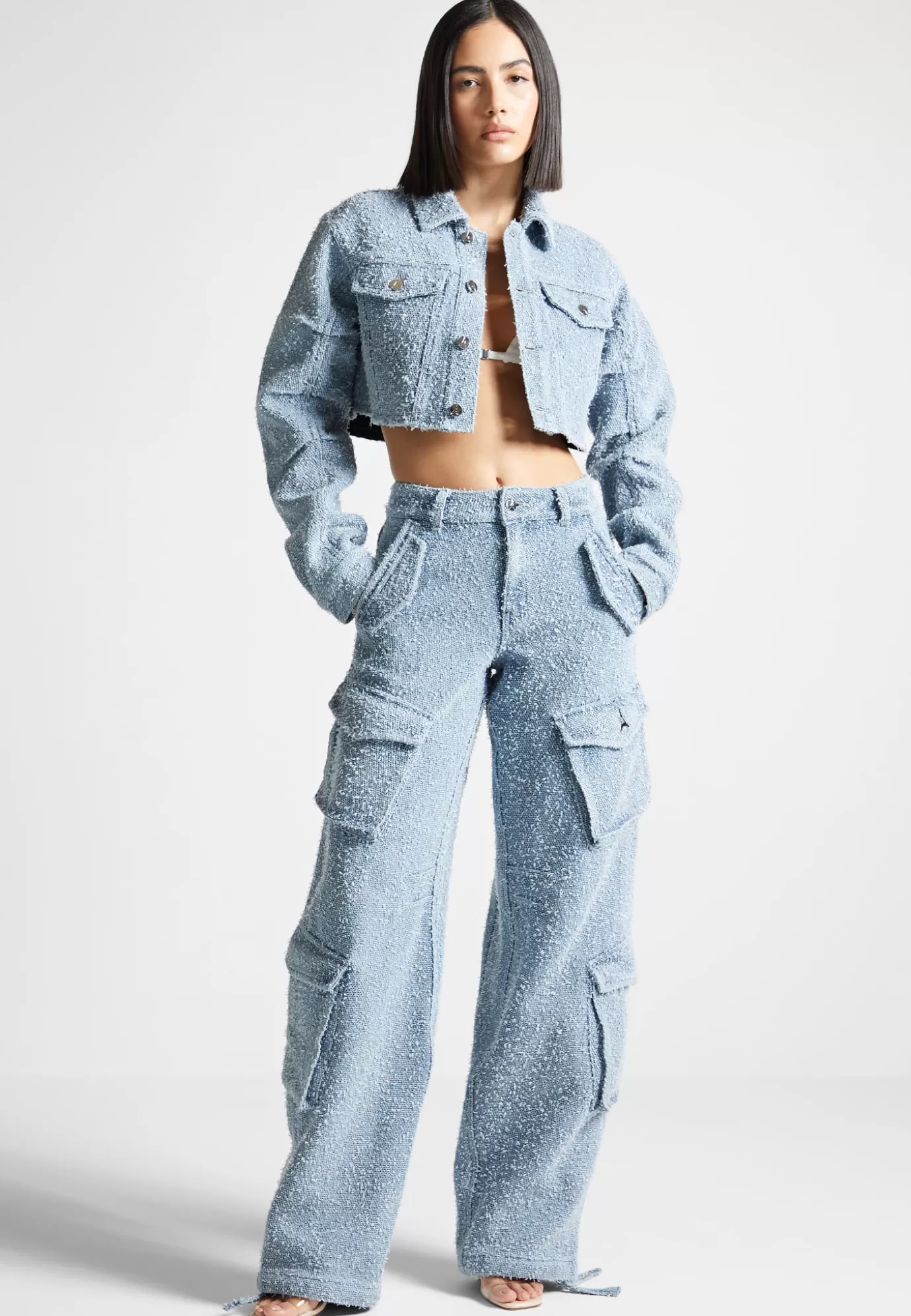 Store High Waisted Boucle Denim Cargo Pants - Mid Matching Sets