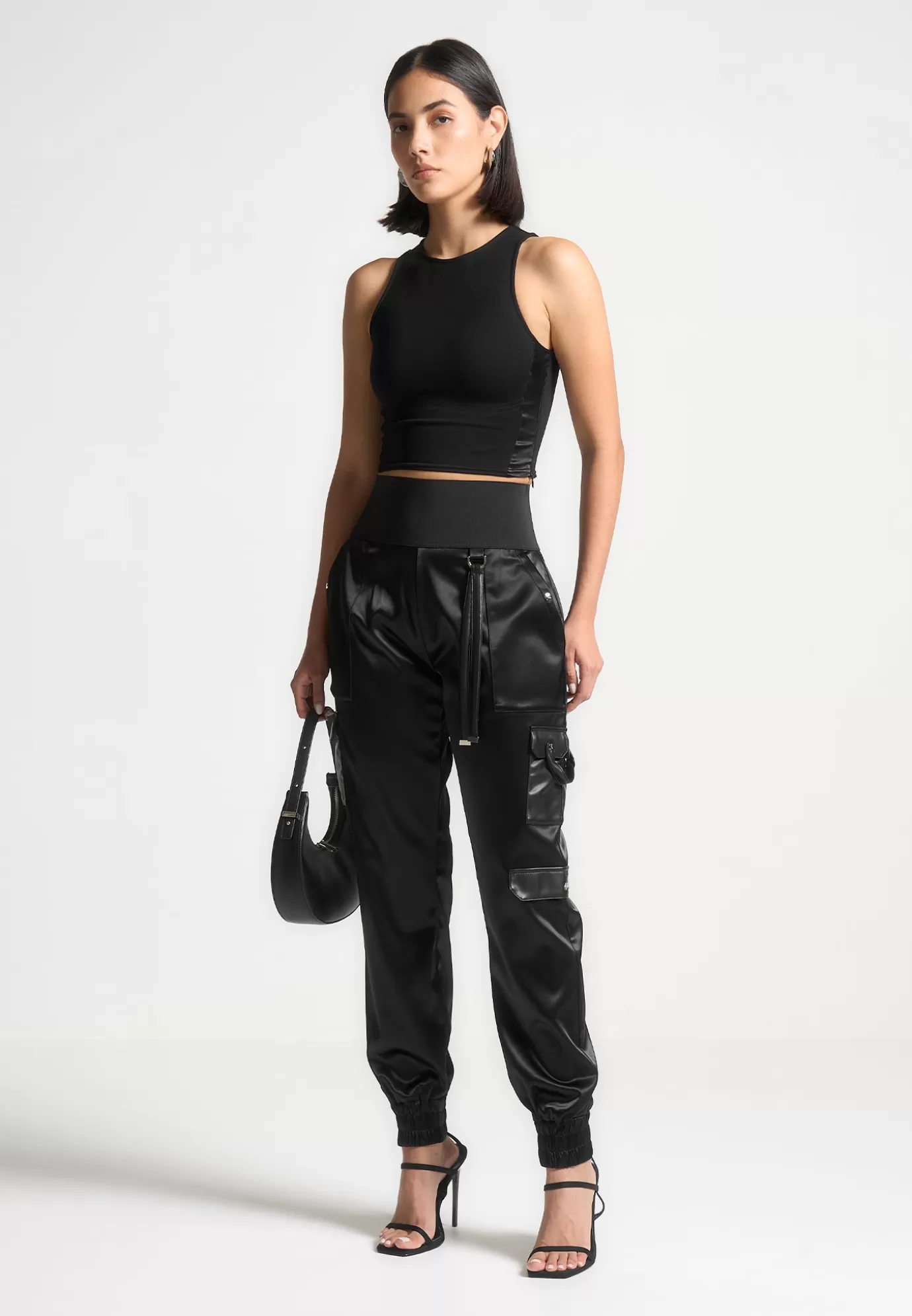 Fashion High Waisted Satin Cargo Trousers - Matching Sets