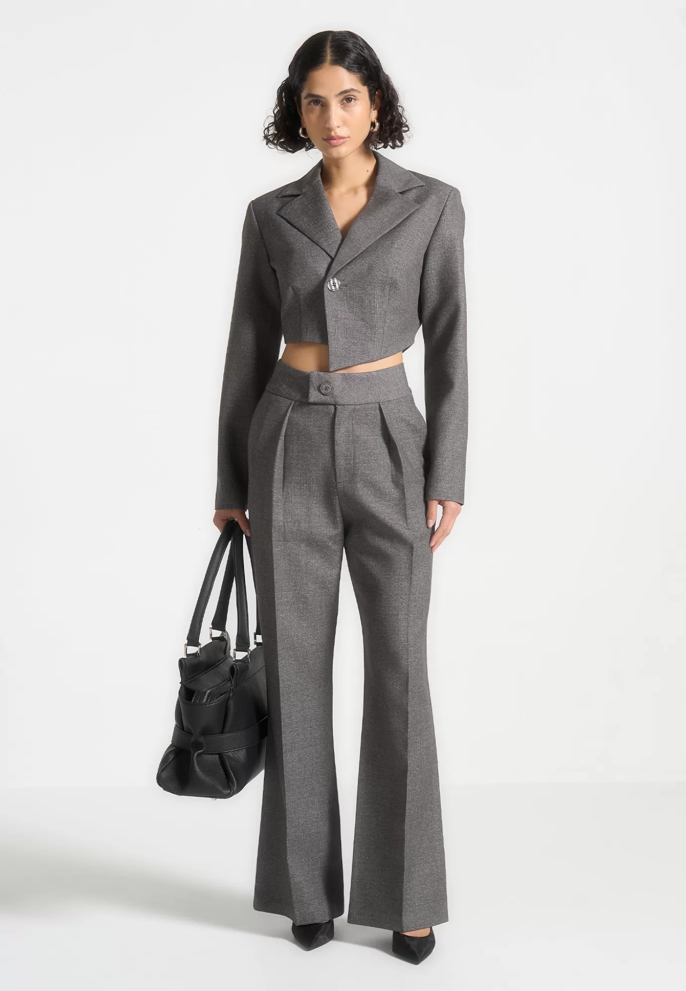 Fashion High Waisted Tailored Trousers - Grey Suits