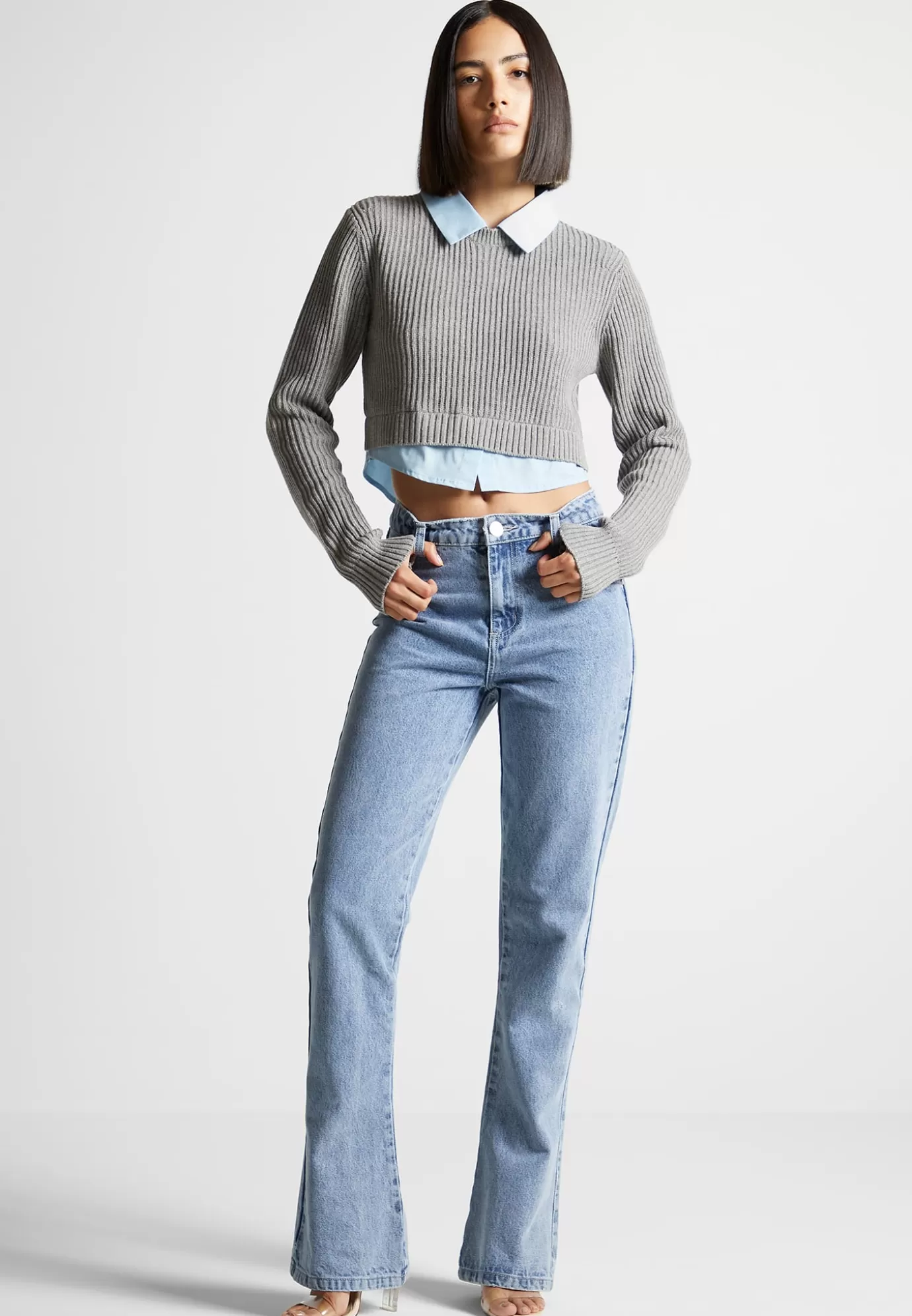 Fashion Knitted Jumper with Shirt Detail - Blue/Grey Knitwear