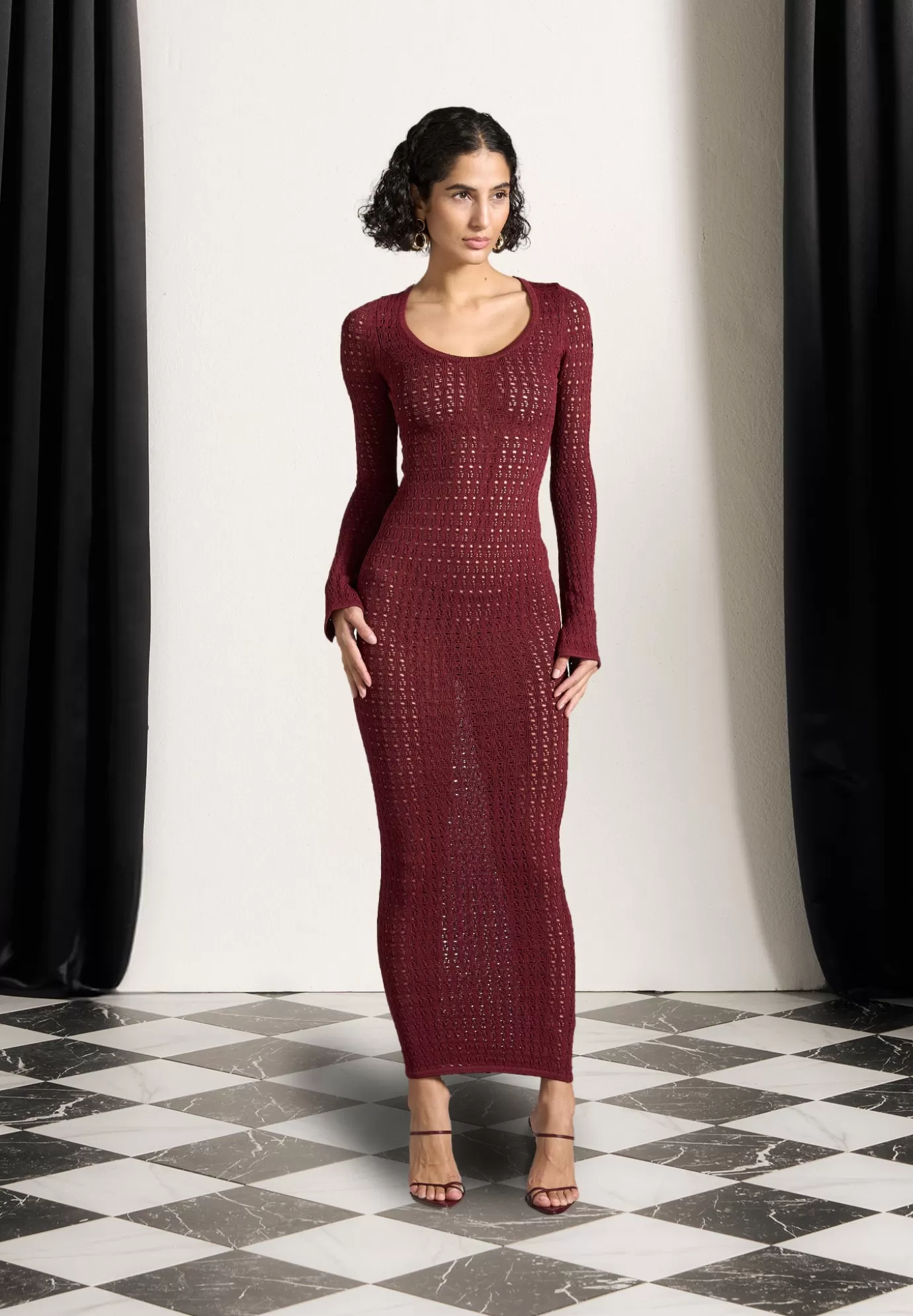 New Knitted Scoop Neck Maxi Dress - Wine Knitwear