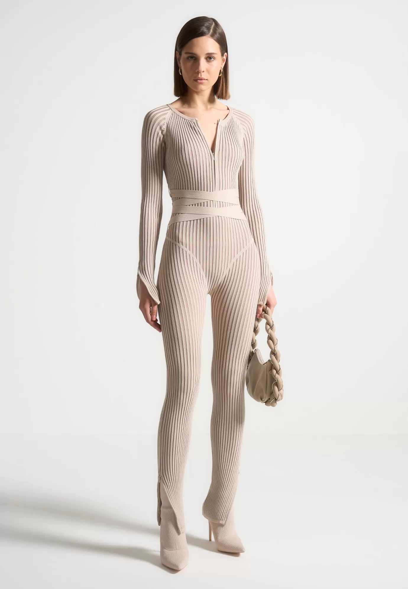 Fashion Knitted Two Tone Jumpsuit with Belt - Beige/Taupe Jumpsuits