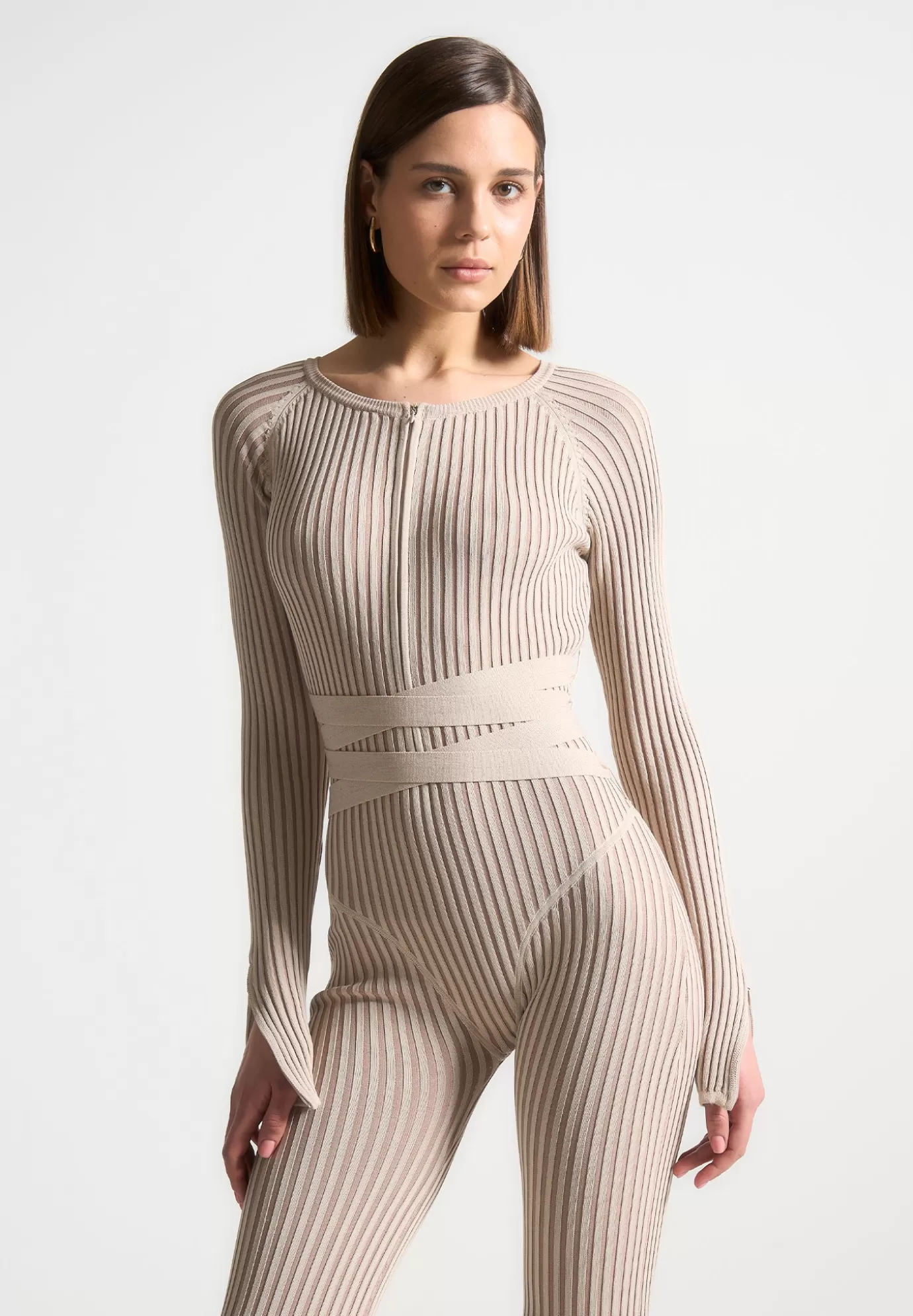 Fashion Knitted Two Tone Jumpsuit with Belt - Beige/Taupe Jumpsuits