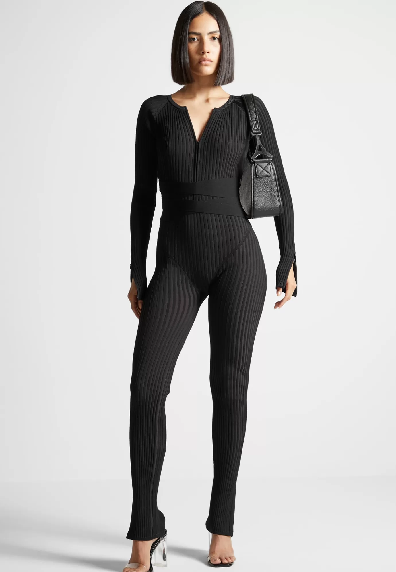 Flash Sale Knitted Two Tone Jumpsuit with Belt - Jumpsuits