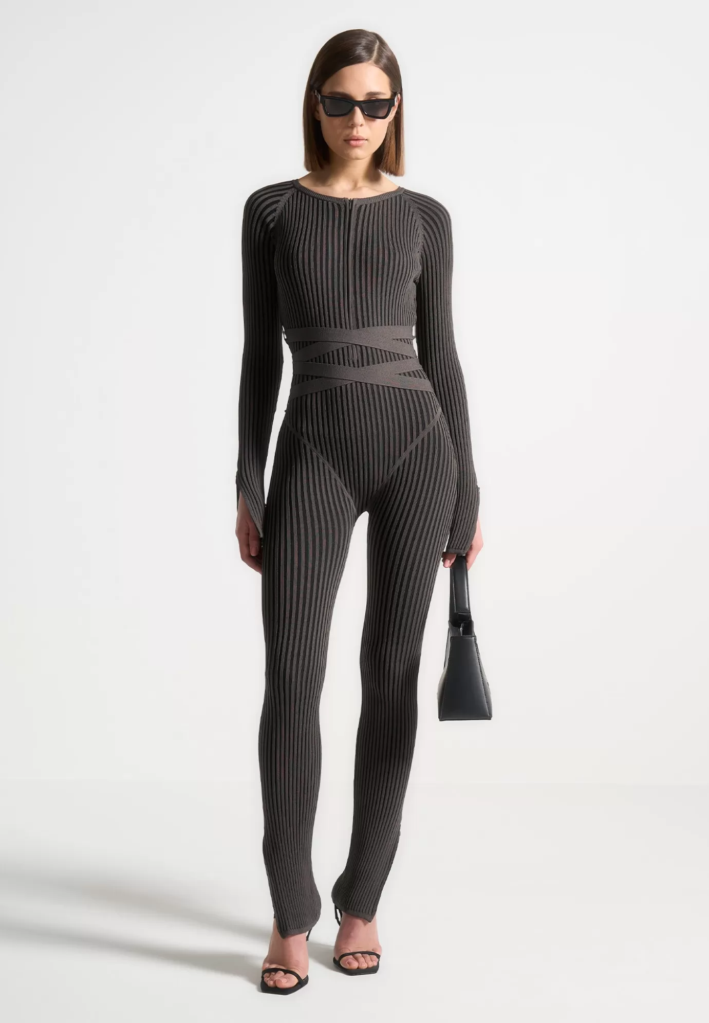 Cheap Knitted Two Tone Jumpsuit with Belt - Grey/Black Jumpsuits