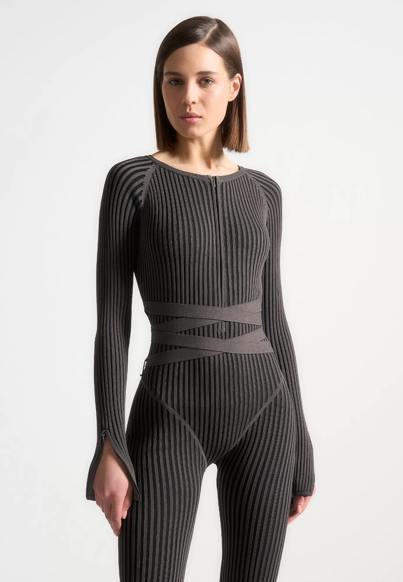 Cheap Knitted Two Tone Jumpsuit with Belt - Grey/Black Jumpsuits