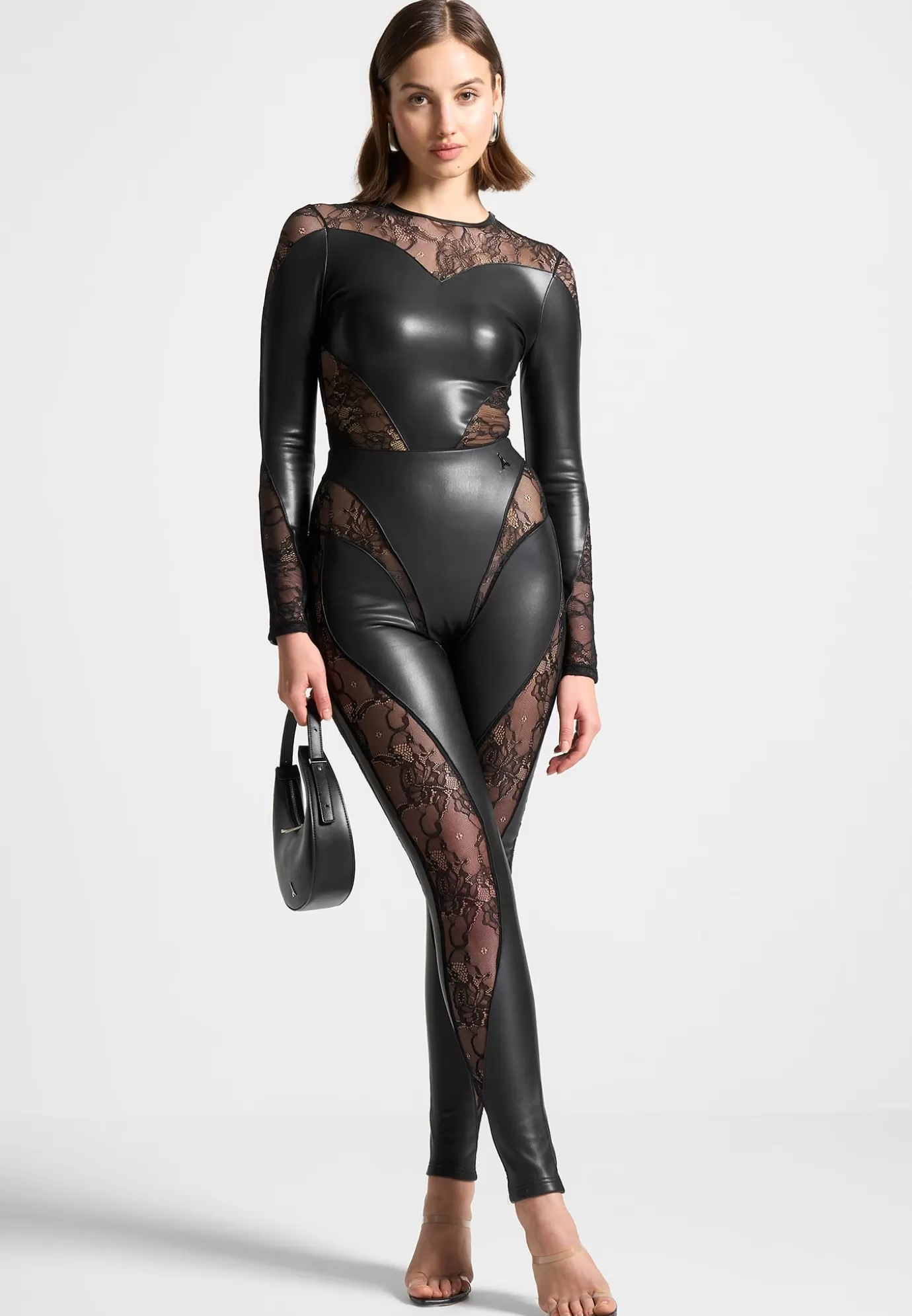 Fashion Leather and Lace Contour Bodysuit - Matching Sets