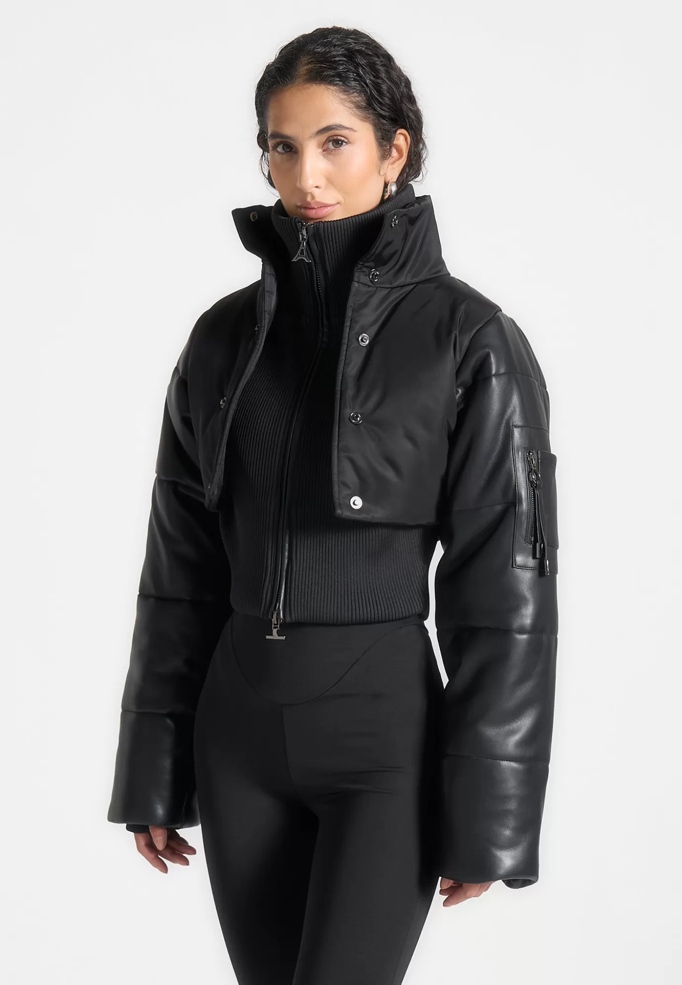 Discount Leather and Nylon Layered Puffer Jacket - Outerwear