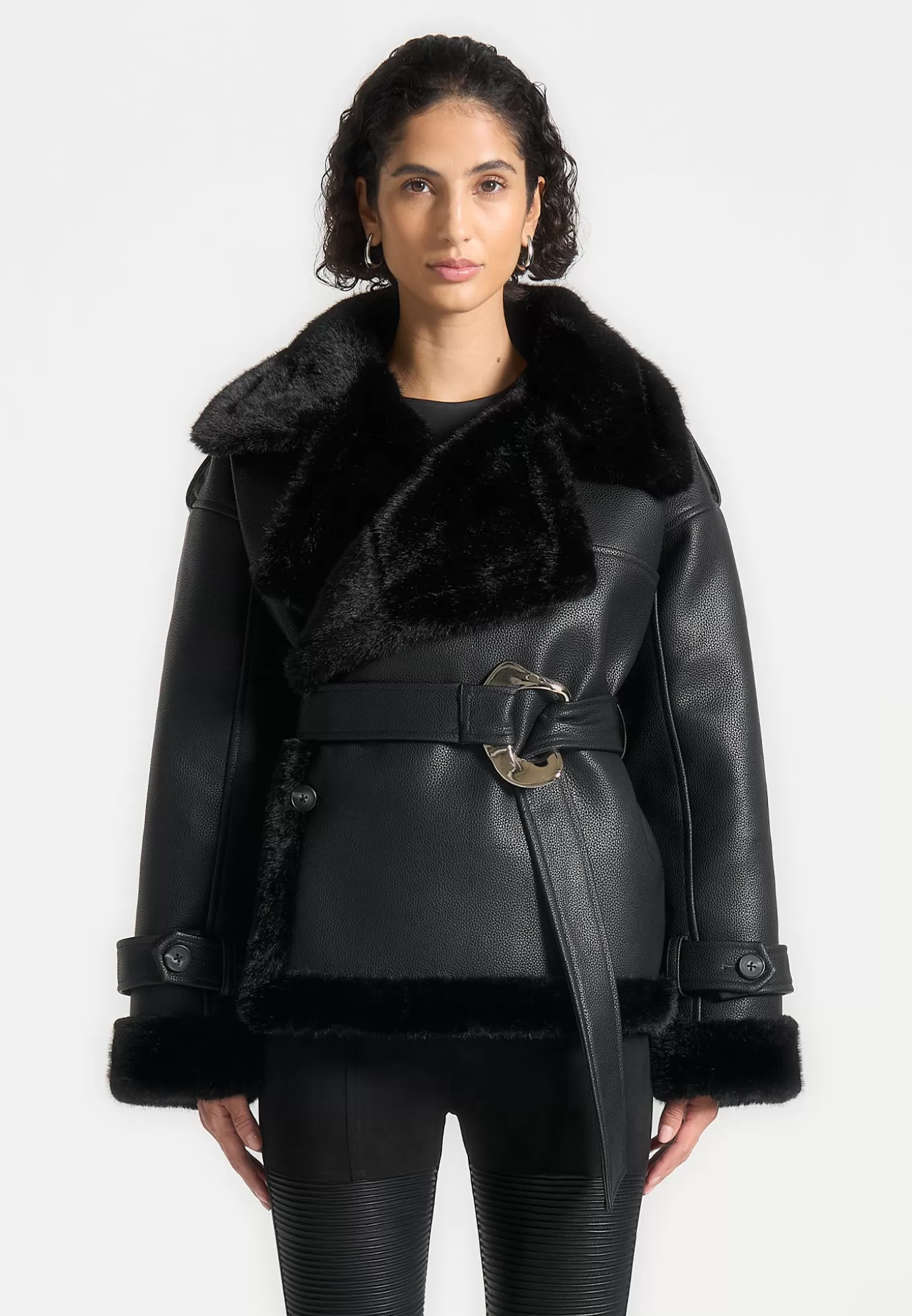 Discount Leather and Plush Wrap Belted Jacket - Outerwear