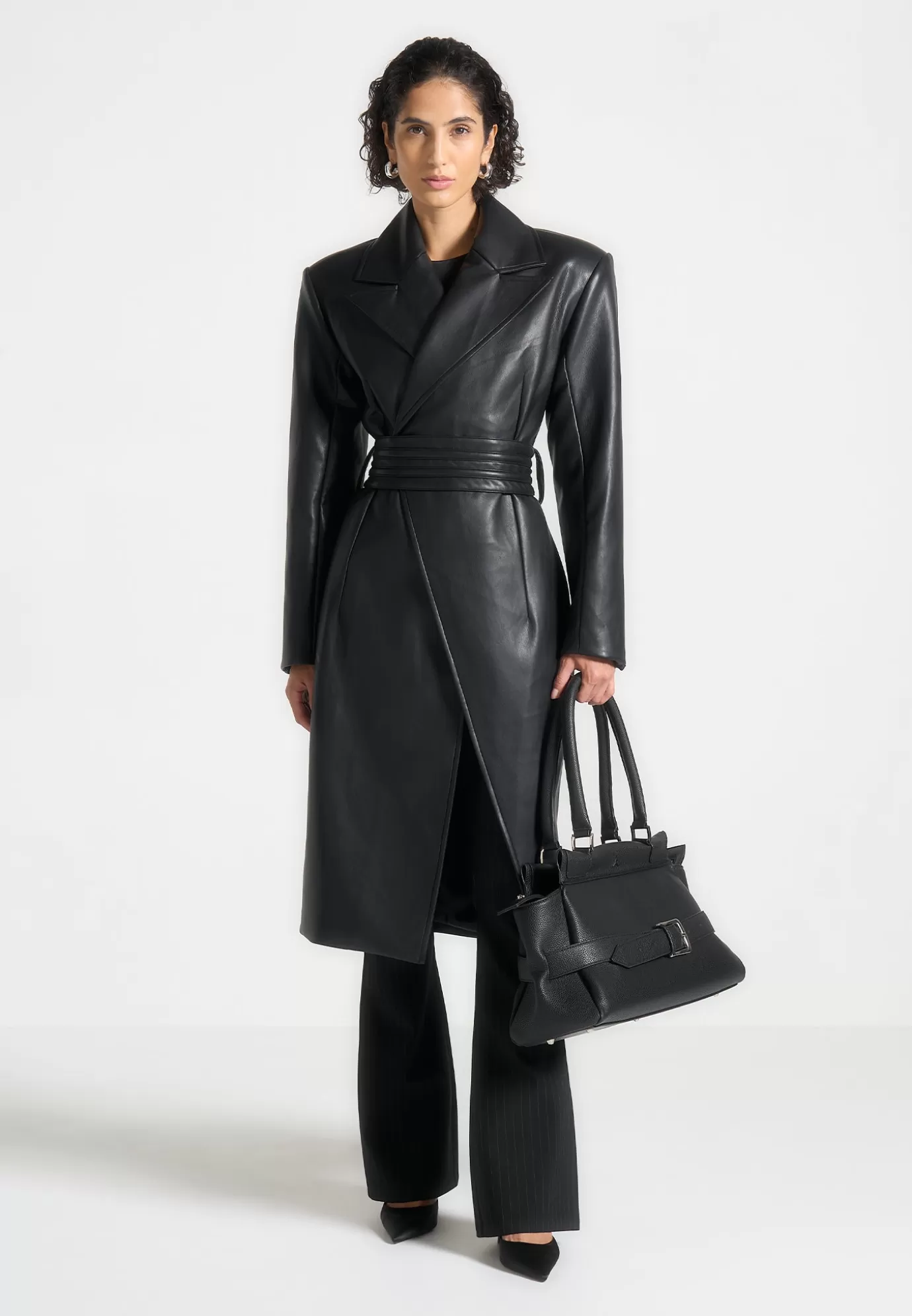 Discount Leather Asymmetric Belted Coat - Outerwear